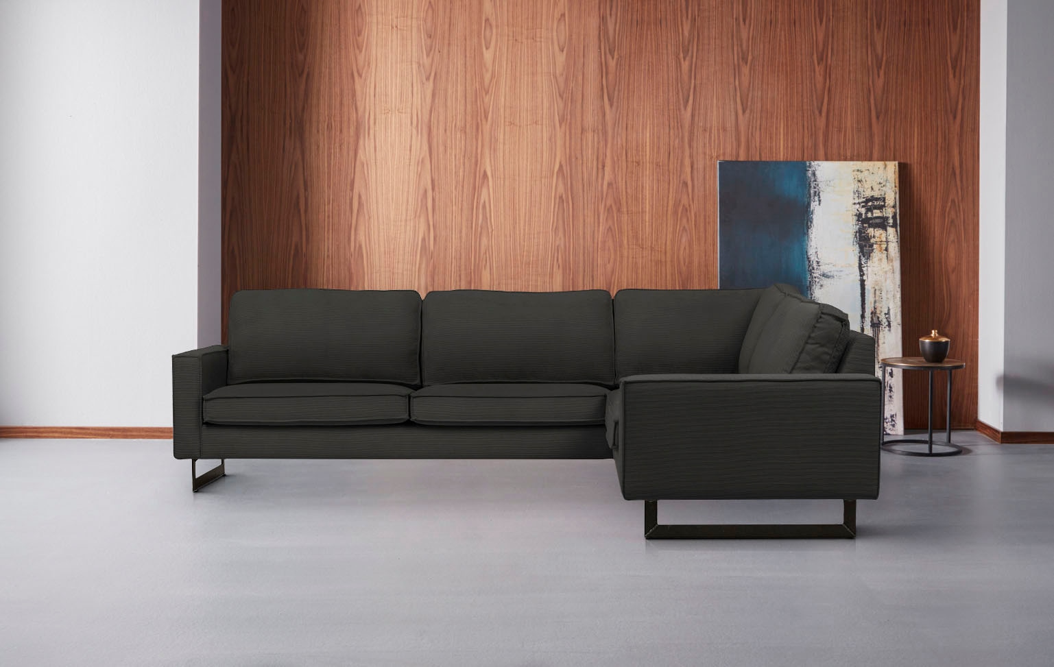 Places of Style Ecksofa »Pinto, XXL, 250/290 cm, langer Schenkel, Ottomane«, Cord, Chenille, Lederoptik, mit Keder, Metallfüsse, Wellenunterfederung