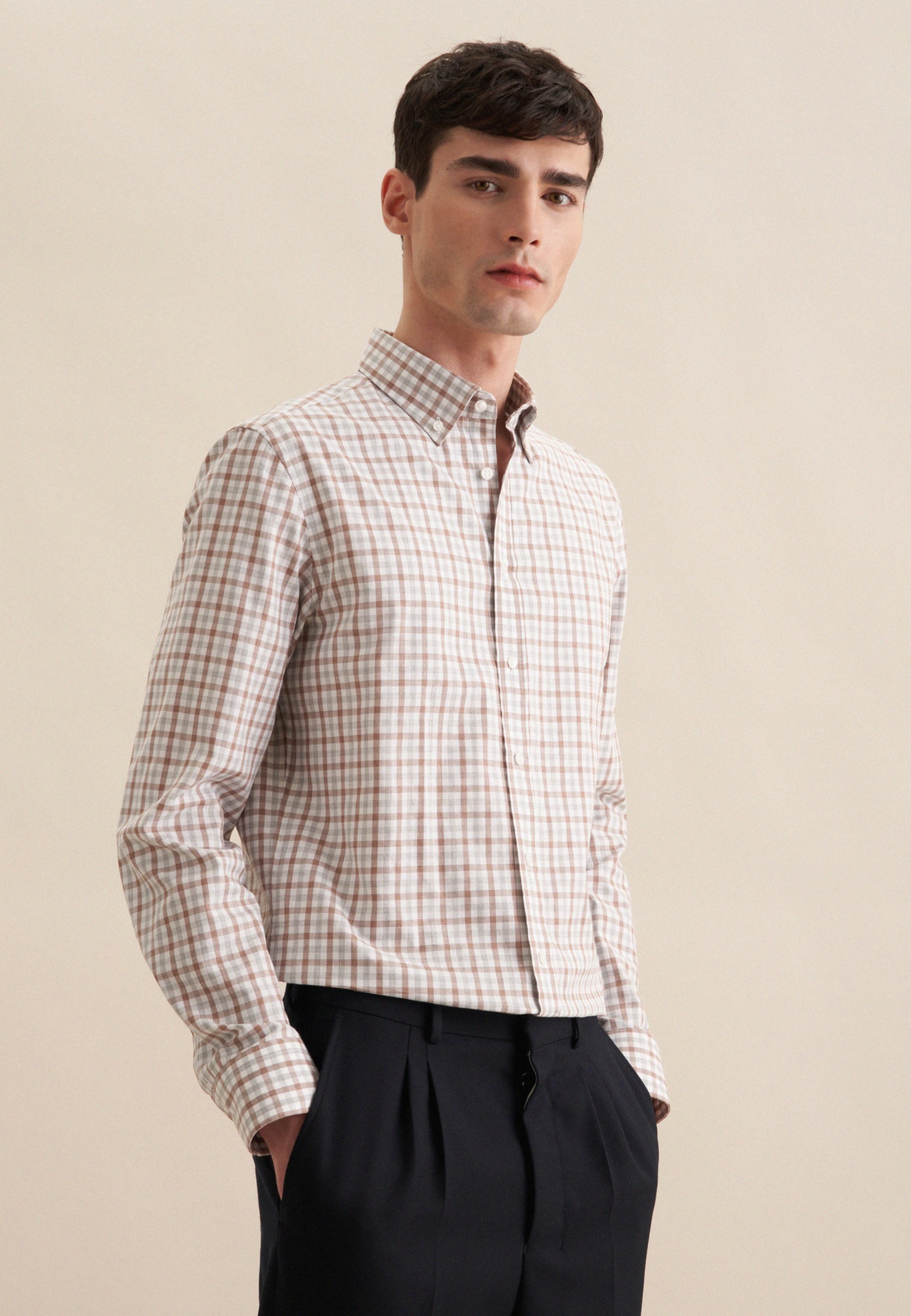 seidensticker Flanellhemd »Shaped« Shaped 1/1 Button-Down-Kragen Karo