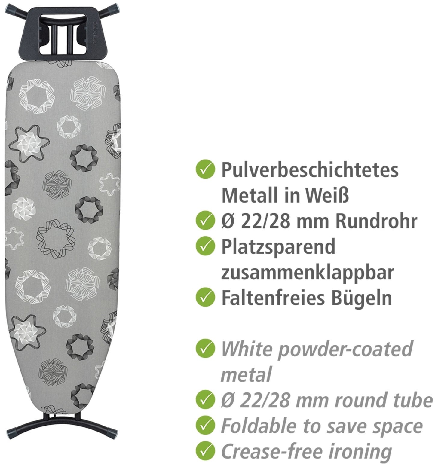 WENKO Bügelbrett »Modell Classic Black«, Bügelfläche 120 cmx38 cm, höhenverstellbarer Bügeltisch, platzsparend klappbar