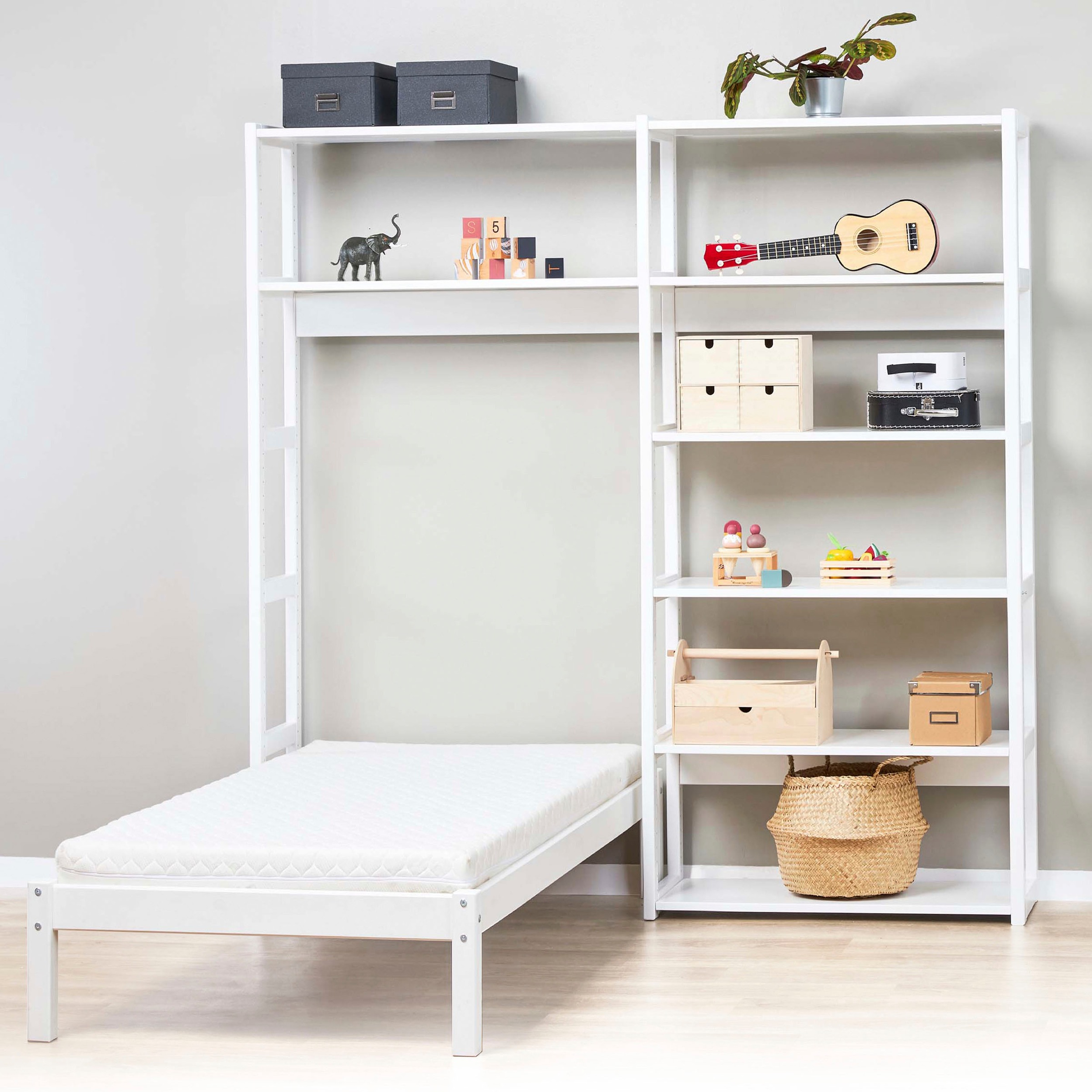 Hoppekids Jugendzimmer-Set »STOREY«, (Set, 16 tlg., Kinderbett, Rollrost, Schaummatratze, Regalsystem, 8 Einlegeböden)