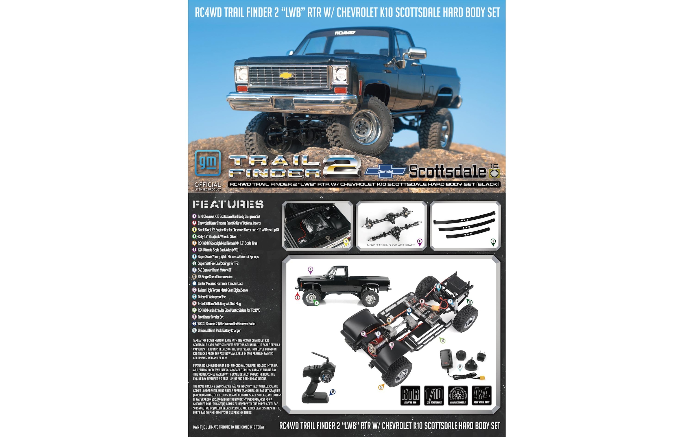 RC-Monstertruck »RC4WD Trail Finder 2 LWB Chevy K10 Schwarz RTR,«, Lackiert