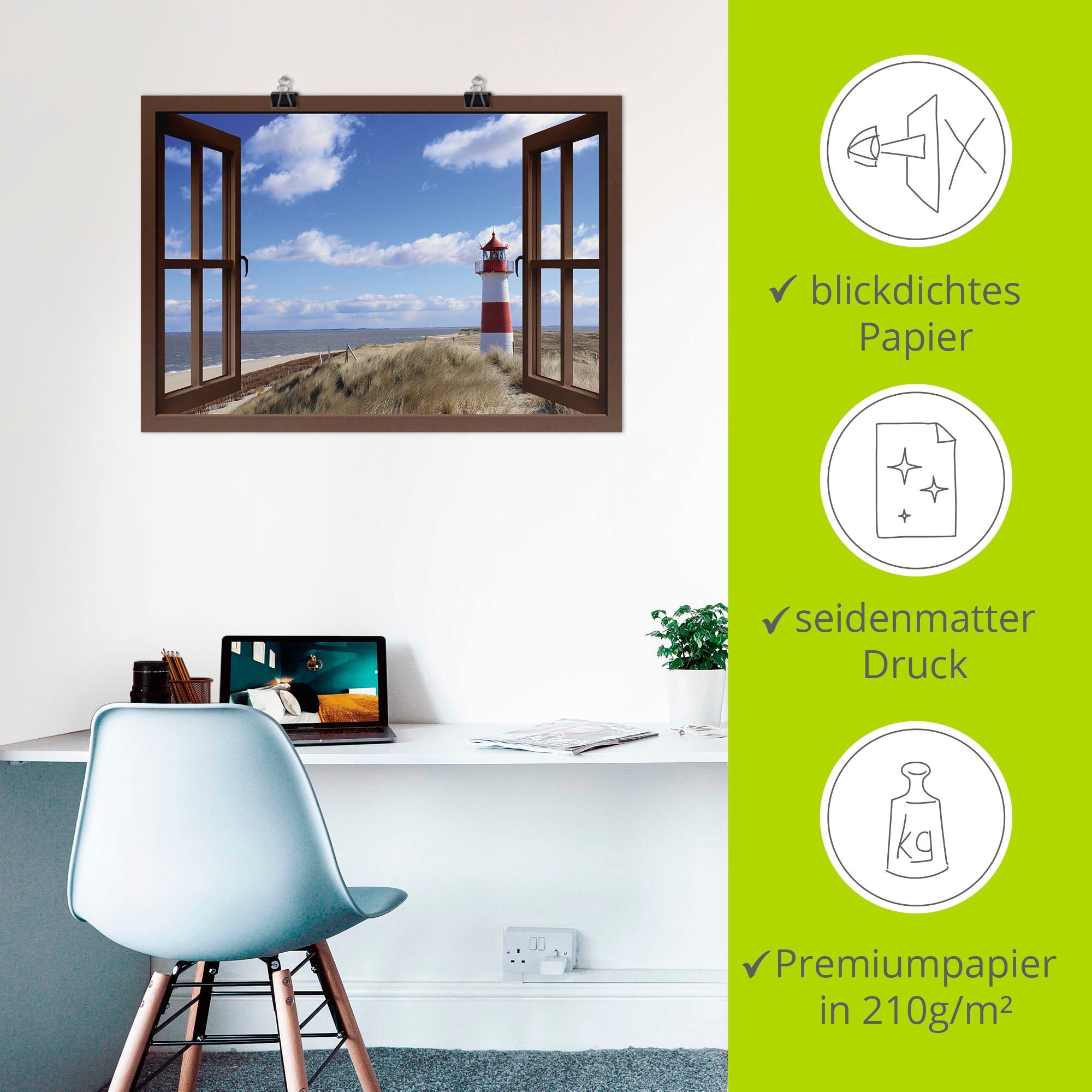 Artland Wandbild »Fensterblick - Leuchtturm Sylt«, Fensterblick, (1 St.), als Leinwandbild, Poster in verschied. Grössen