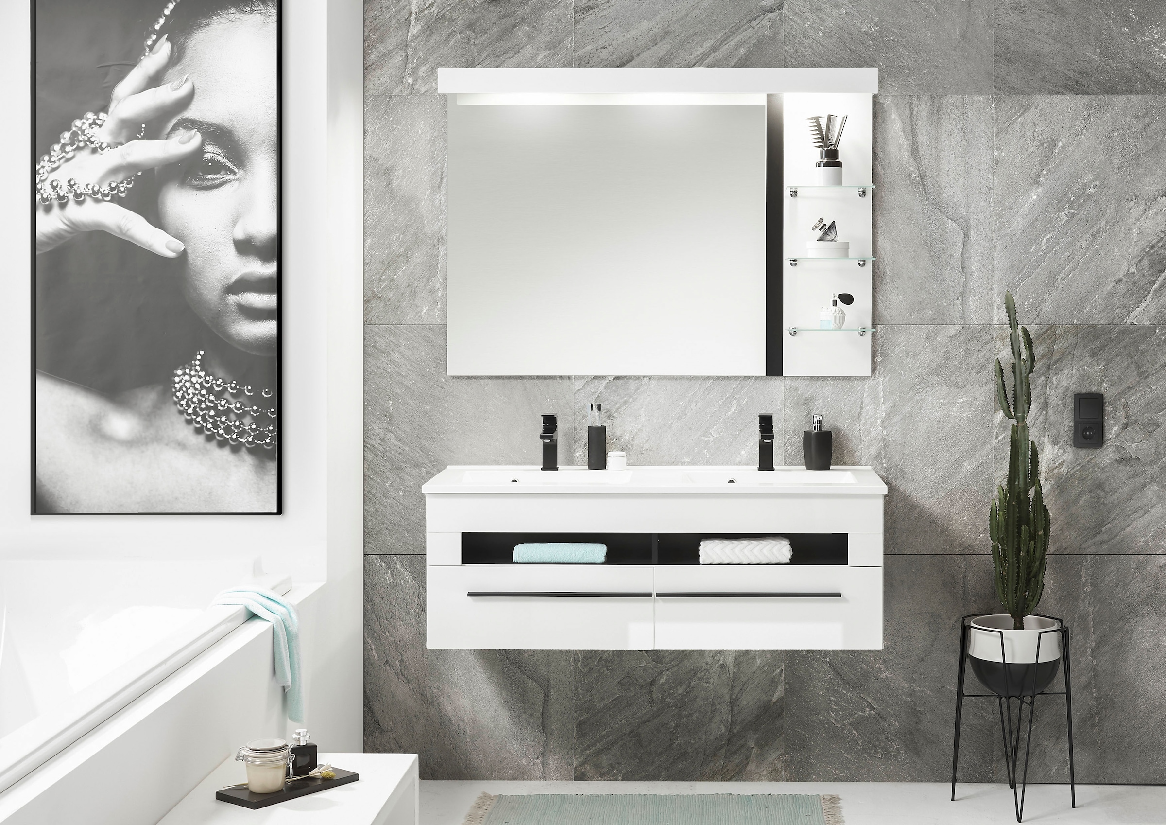 INOSIGN Waschtisch »Cantara, Waschtisch inkl. Waschbecken, modernes Design«, mit schwarzen Griffen, ausreichend Stauraum
