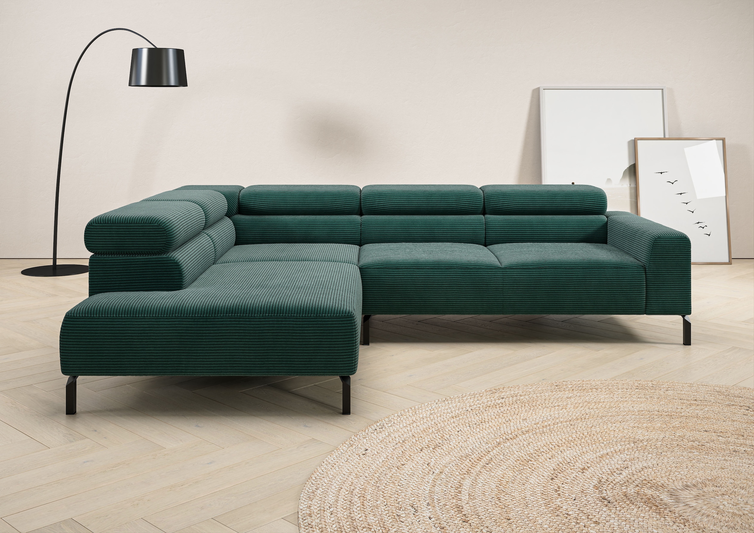 Home affaire Ecksofa "Antonelli, L-Form, inkl. Kopfteilverstellung, Breite 276 cm" ohne Sitztiefenverstellung, in Cord, grün