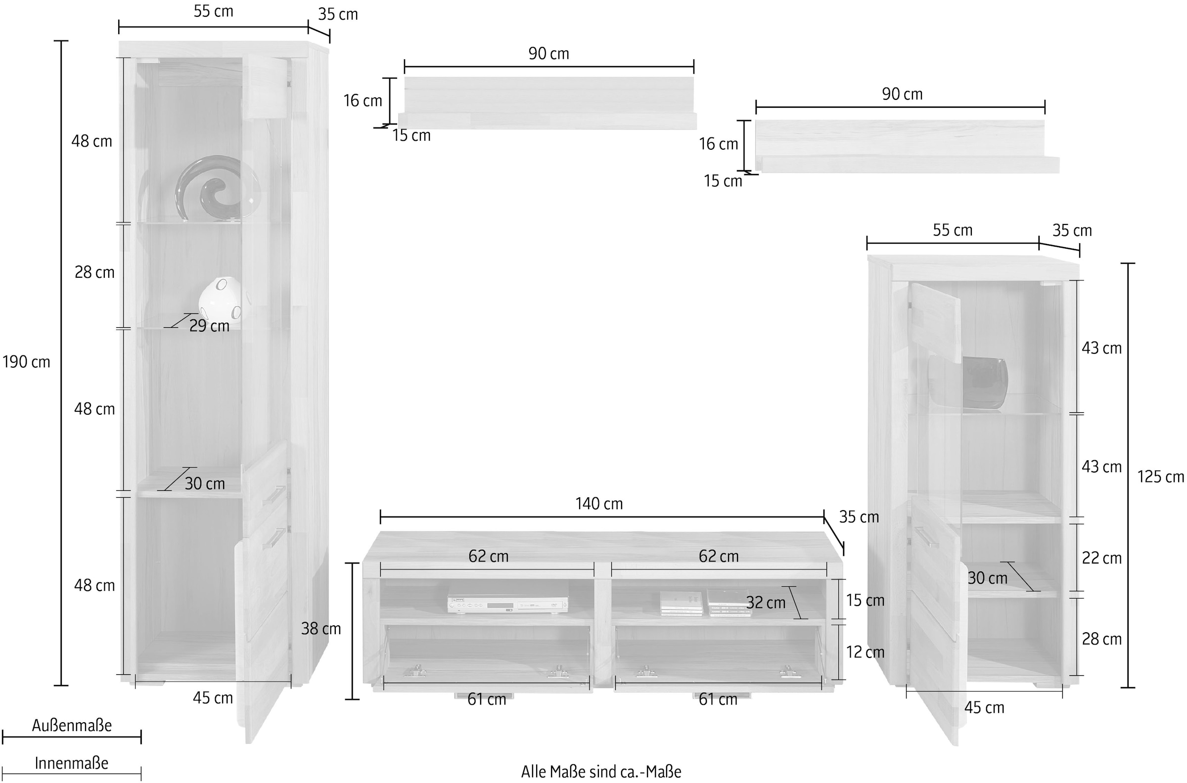 Home affaire Wohnwand »Falco«, (Set, 4 St., 5), Fronten aus Massivholz