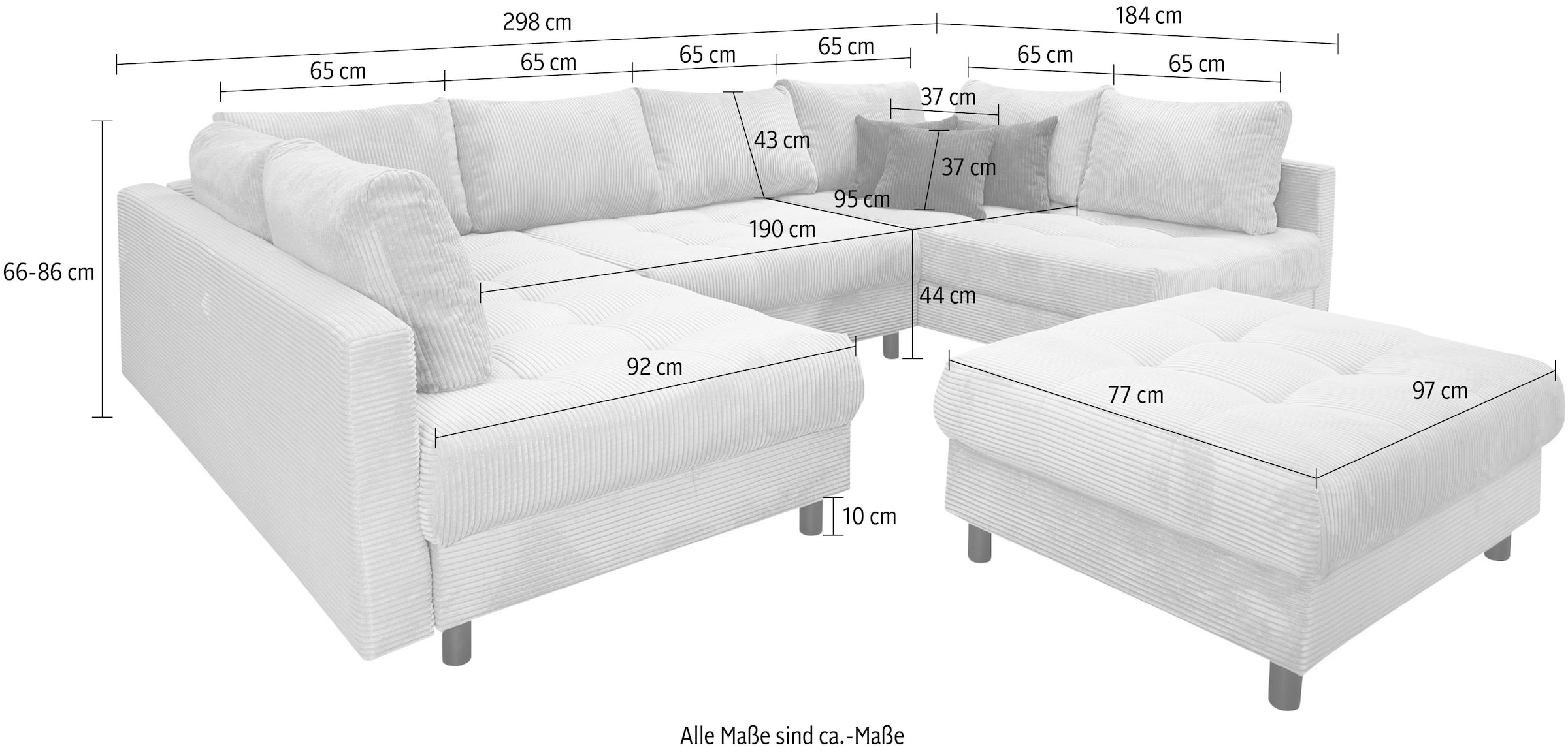 Home affaire Wohnlandschaft »Toni U-Form«, (Cord-Bezug), mit zwei gleich grossen Ottomanen, Federkern-Polsterung