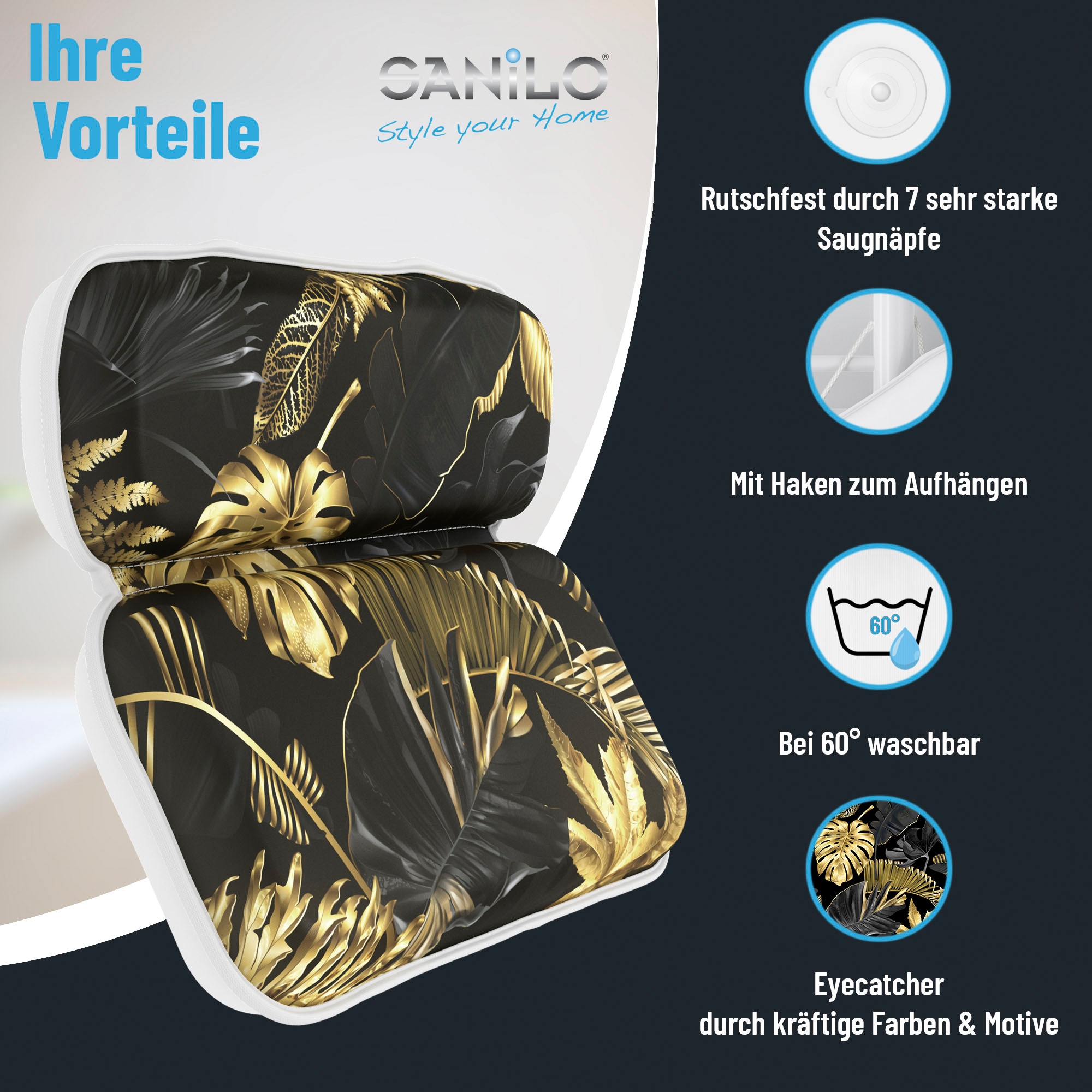 Sanilo Nackenkissen »Badewannenkissen Goldfarbenen Leaves«, bequem, rutschfest, kräftige Farben, mit 7 starken Saugnäpfen