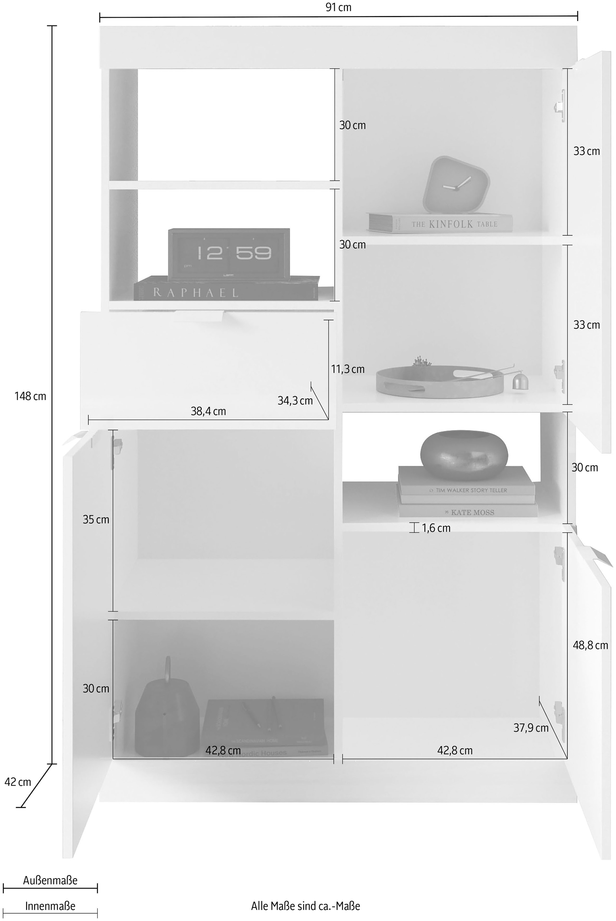 INOSIGN Highboard »Slim«, Breite 91 cm, weiss Hochglanz Lack