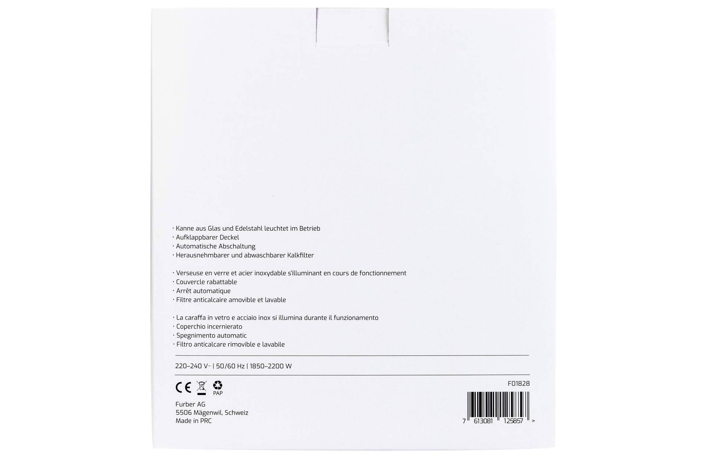 FURBER Wasserkocher »Vetro 1,7 l«, 1,7 l, 1850 W