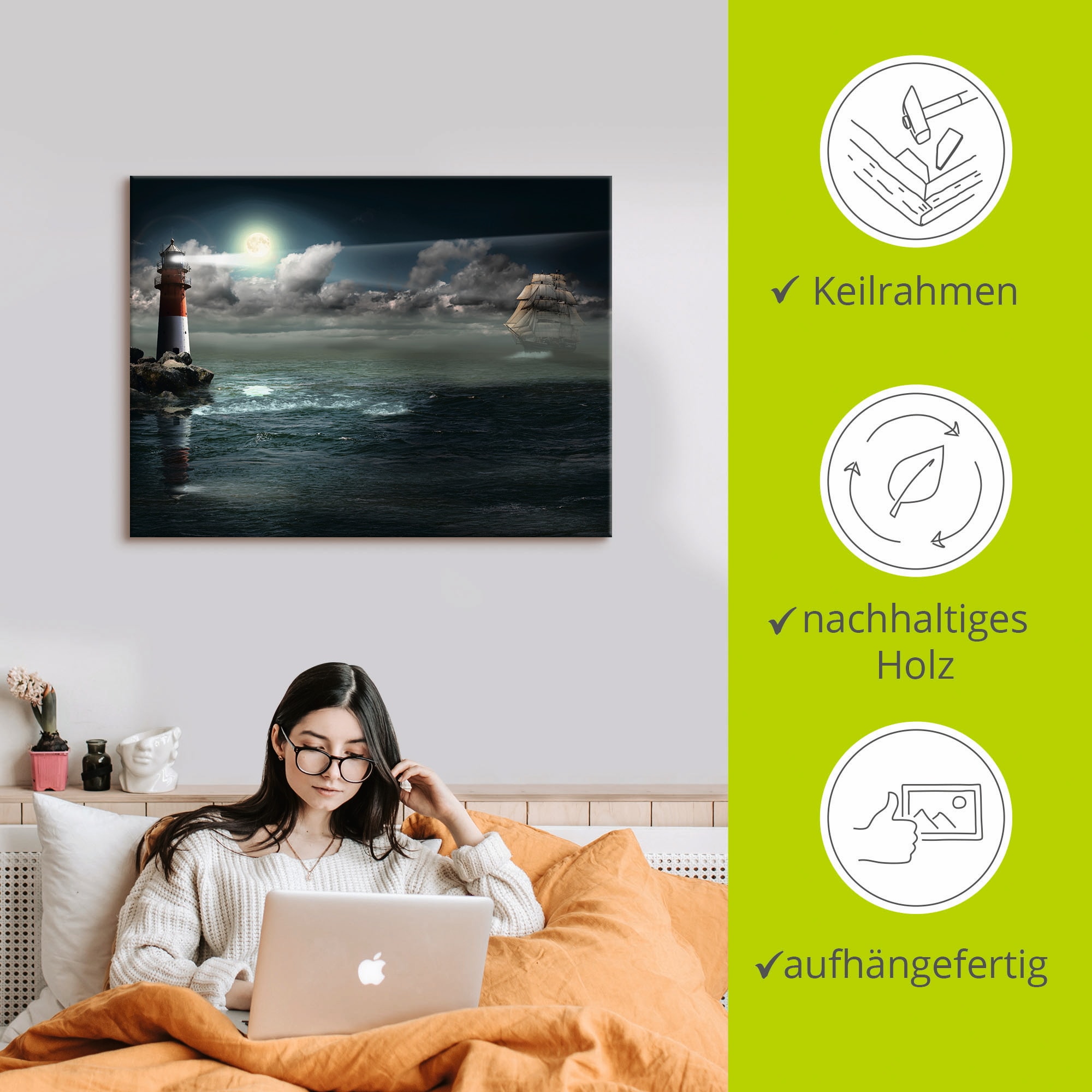 Artland Wandbild »Leuchtturm unter Beleuchtung«, Gebäude, (1 St.), als Leinwandbild, Poster in verschied. Grössen