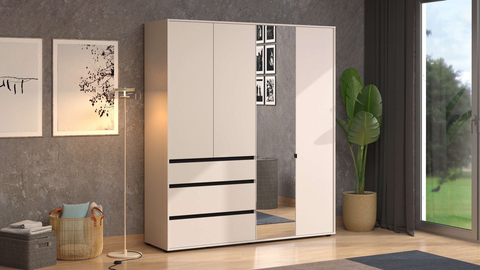 INOSIGN Kleiderschrank »Corbett, grifflose Optik, FSC-zertifziert, Made in Europe« 138 oder 182,5cm breit, 211cm hoch und 54,5cm tief, mit Spiegel, 3 Schubladen und Innenausstattung