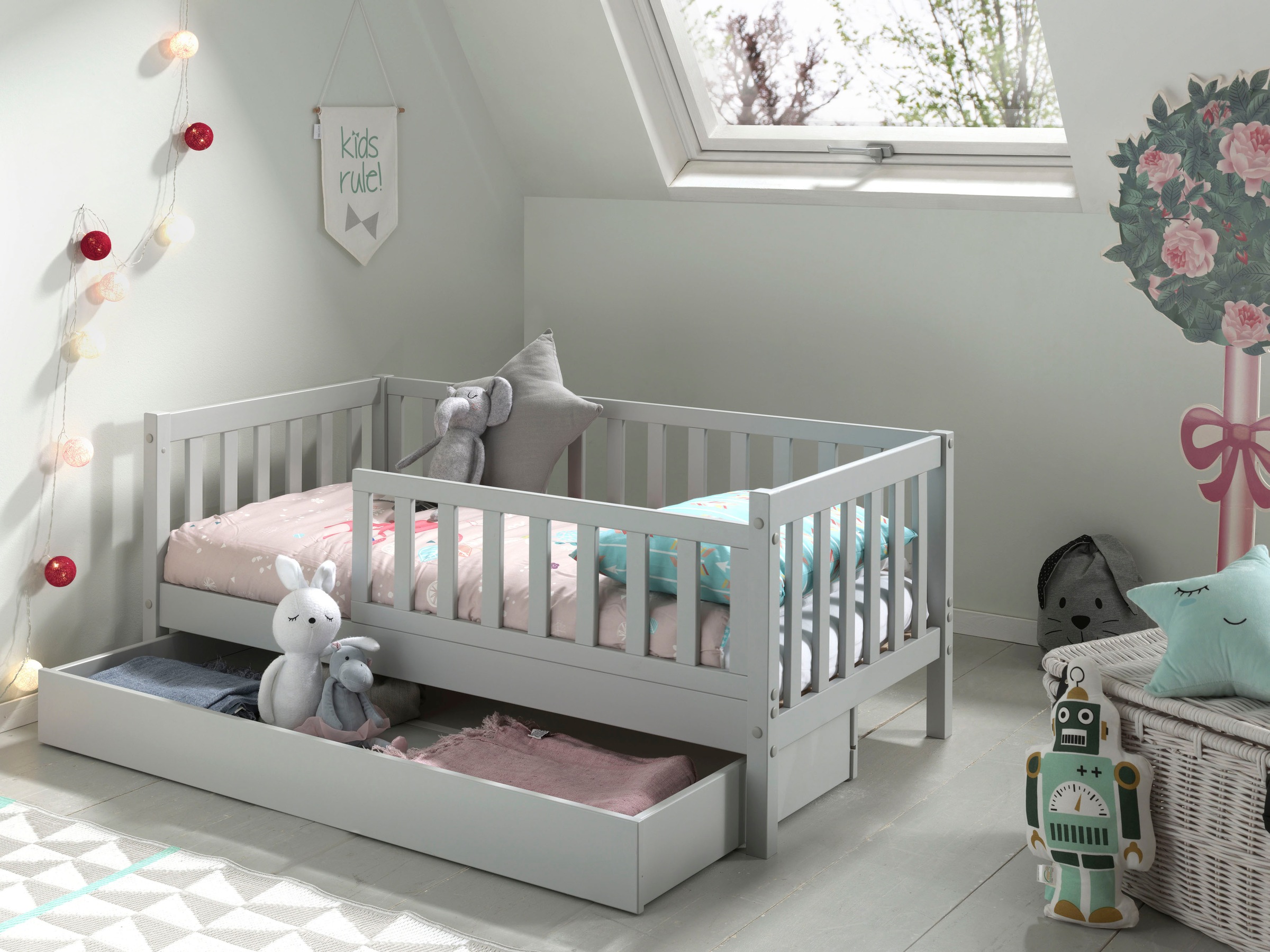 Lit enfant 70x140 cm avec tiroirs gris - riaz