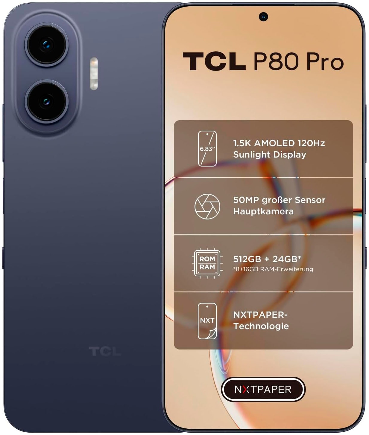TCL Smartphone "P80 Pro 8+512GB" Midnight Blue NXTPAPER-Technologie