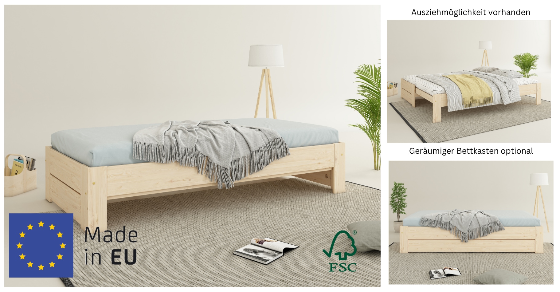 Home affaire Massivholzbett »Imme, ausziehbar 90cm-180cm, ideal für Schlafbesuch, mit Lattenrost«, (Liegefläche 2x 90x200cm), Massive Kiefer, Schubkasten optional, Belastbarkeit 180 KG