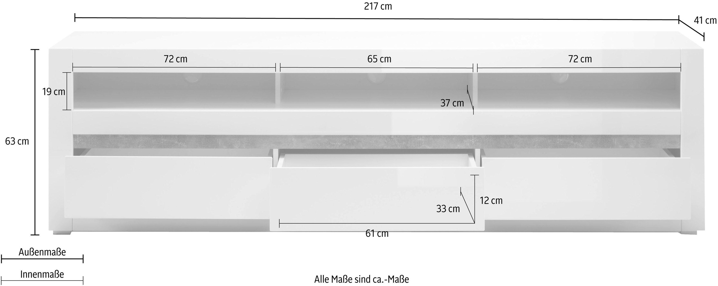 INOSIGN Lowboard »Carat«, Breite 217 cm, Zierleiste 1x betonfarben und 1x weiss