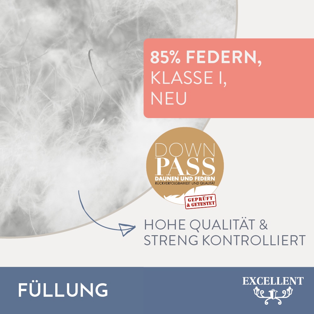 Excellent Kopfkissen »Venedig«, Füllung: weisse neue Federn und Daunen, Klasse I, 85% Federn / 15% Daunen, Bezug: Köper-Inlett, 100% Baumwolle, (Spar-Set, 1 St., 2 Kopfkissen), Kopfkissen 40x40, 40x80, 80x80, allergiker geeignet (Hausstaub)