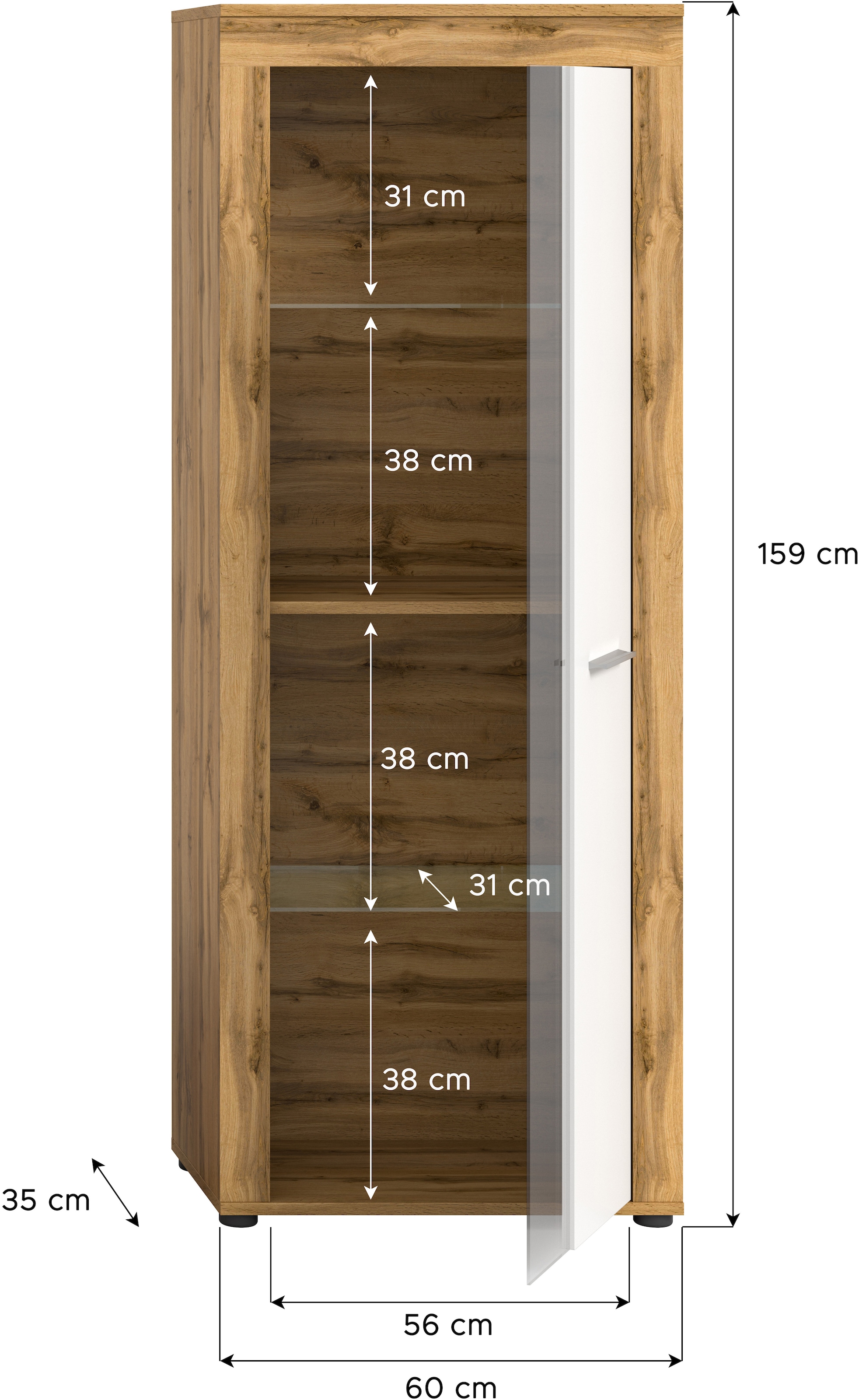 INOSIGN Standvitrine »Aosta, Höhe 159 cm, in verschiedenen Farbausführungen«, 1 Tür, 3 Einlegeböden, 4 Fächer, Wohnzimmer, Vitrine, Glasvitrine