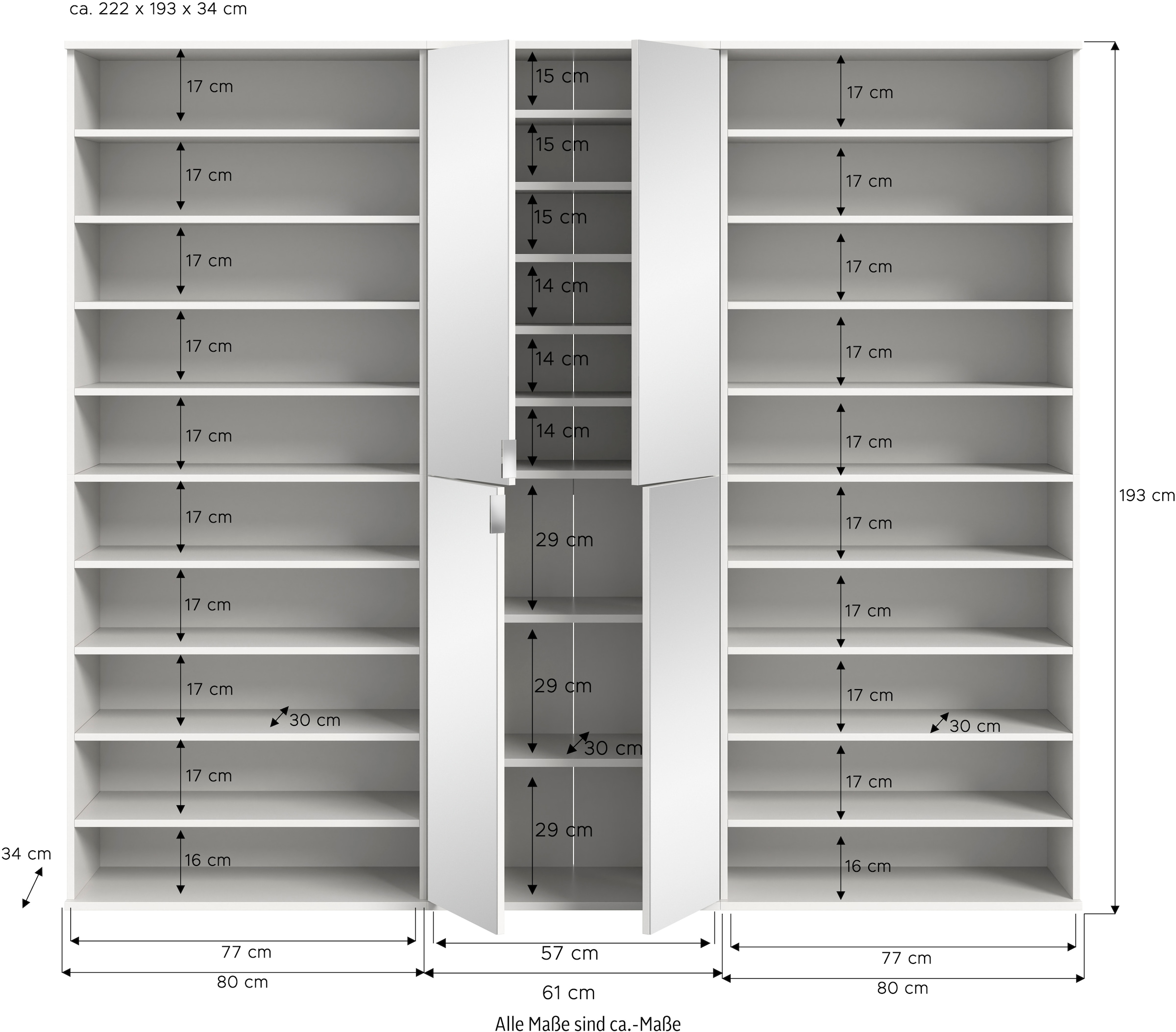 INOSIGN Garderoben-Set »Trondheim, Garderobenset 3-tlg. Breite 222 cm,«, (3 St.), hochglanz, best. aus: Spiegelschrank, 2x Schuhregal, Flur