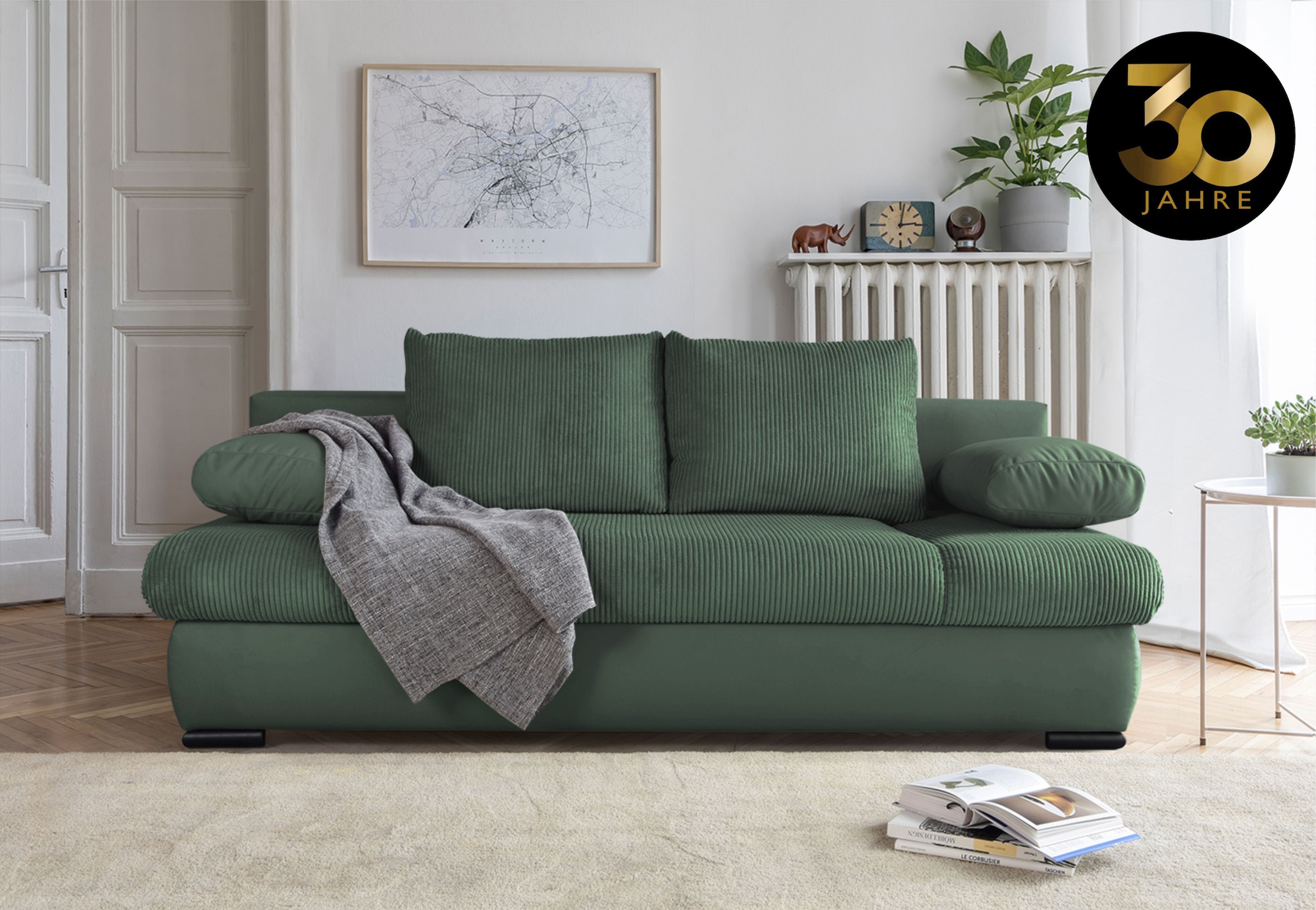 COLLECTION AB Schlafsofa »Chicago mit Bettfunktion, Schlafcouch«, inklusive Bettkasten, Cord-Samt Bezug, grün