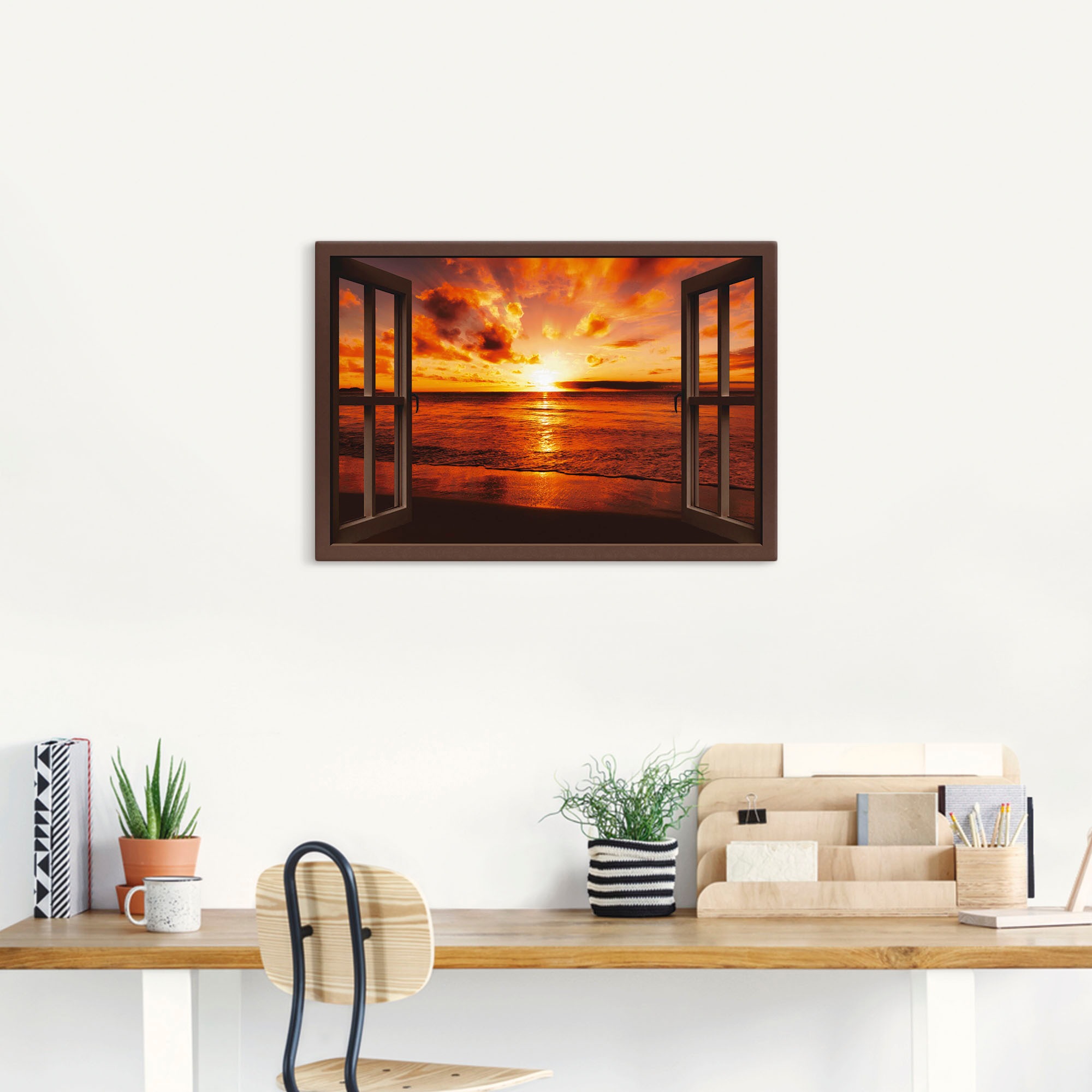 Artland Leinwandbild "Fensterblick Sonnenuntergang am Strand" Fensterblick 1 Stk. tlg. auf Holzrahmen gespannt