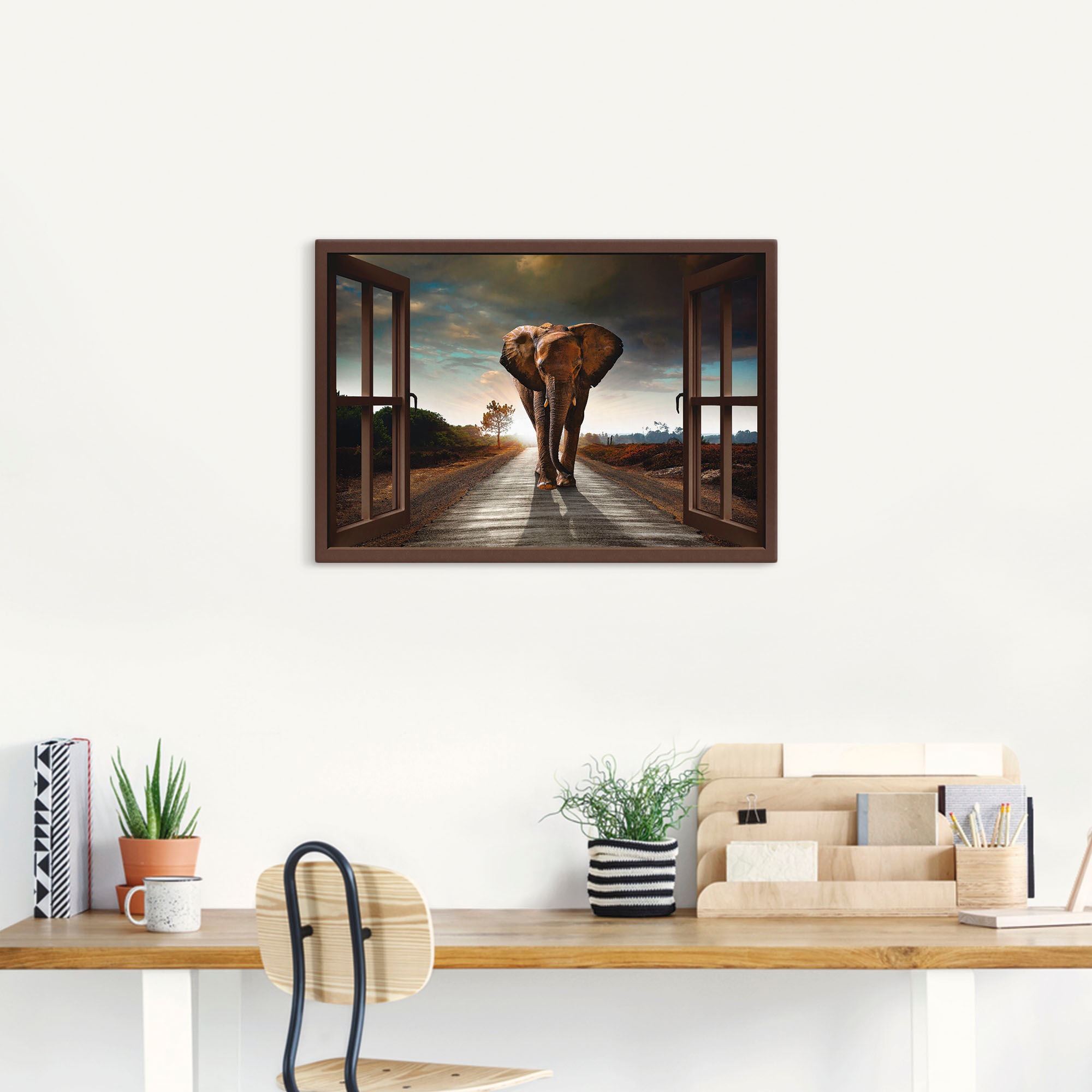 Artland Leinwandbild »Elefant auf Strasse - braunes Fenster«, Fensterblick, (1 St.), auf Keilrahmen gespannt