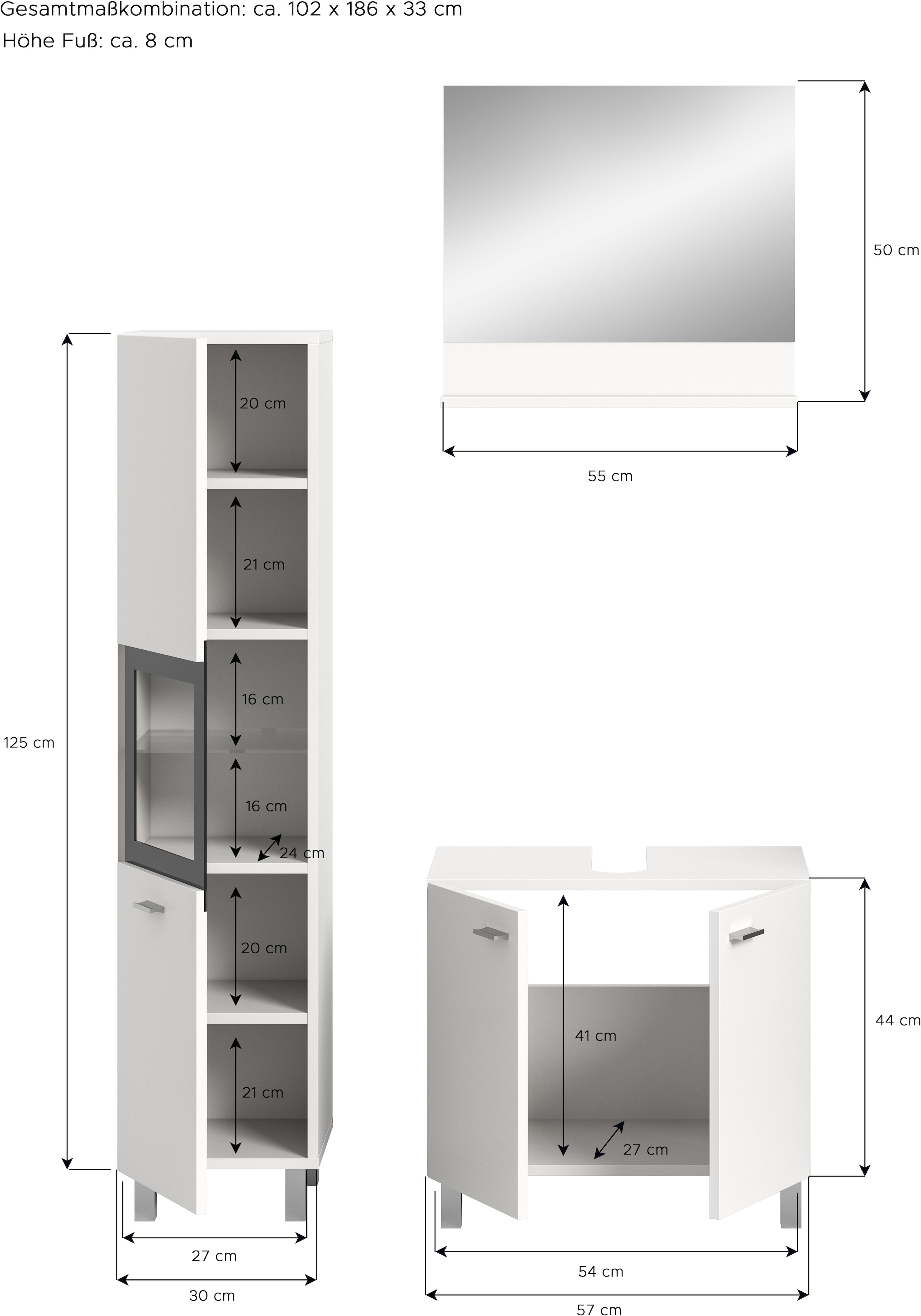 welltime Badmöbel-Set »Tampa, Breite 102cm, 3-teilig«, (3 St.), Waschbeckenunterschrank, Spiegel, Hochschrank