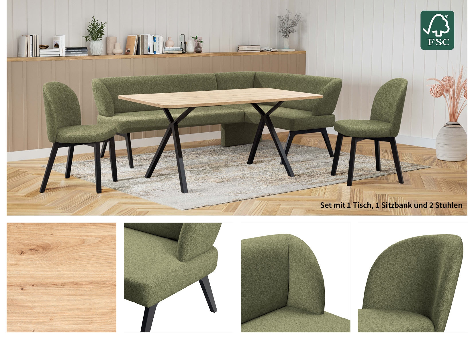 Home affaire Eckbankgruppe »Aretha Essecke, Sitzgruppe, Eckbank, Küchenbank«, (Set, 4 tlg., 4er), Esszimmer Sitzgruppe, Tisch, Stühle und Bank gepolstert, Nosagfederung