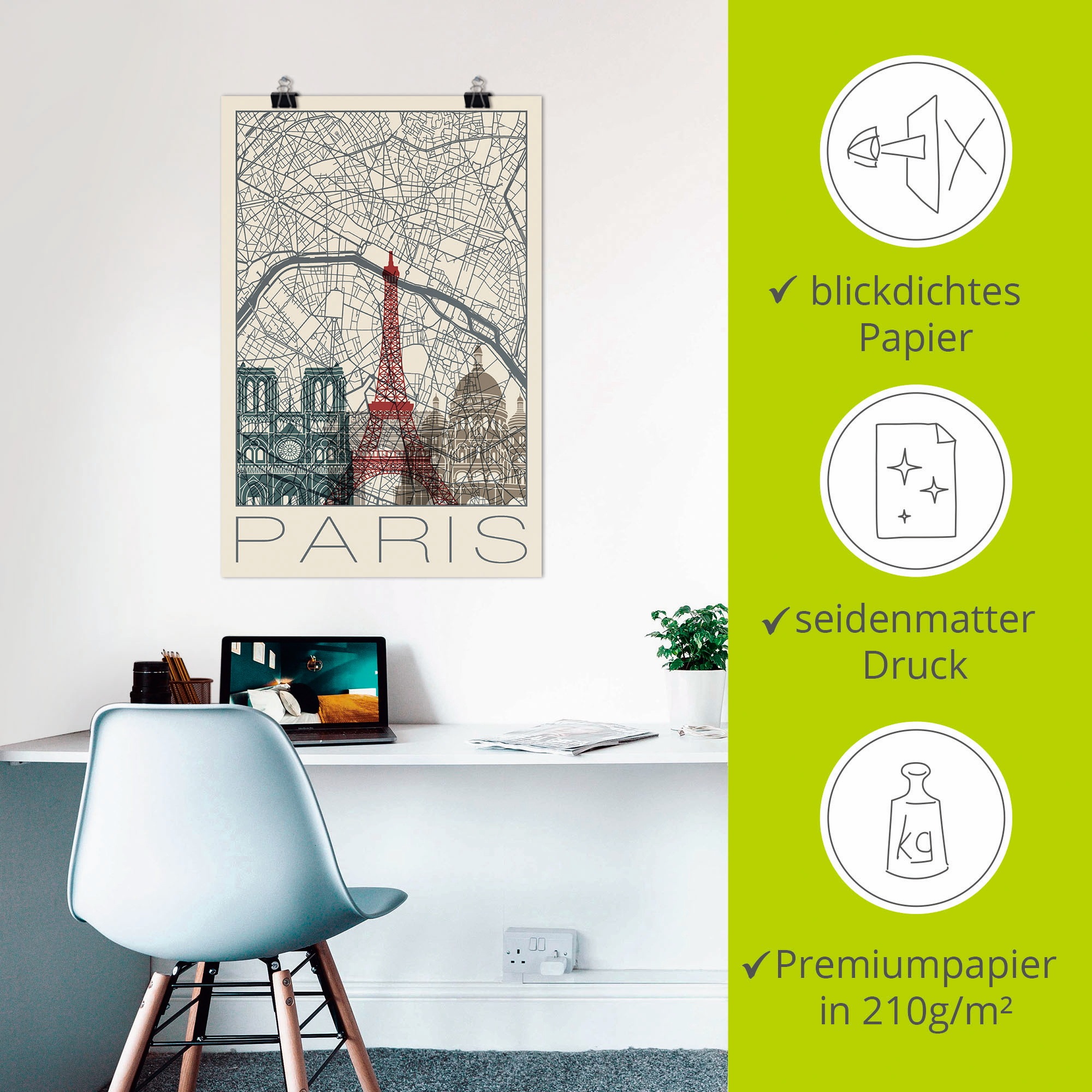 Artland Wandbild »Retro Karte Paris Frankreich und Skyline«, Frankreich, (1 St.), als Alubild, Outdoorbild, Poster in verschied. Grössen