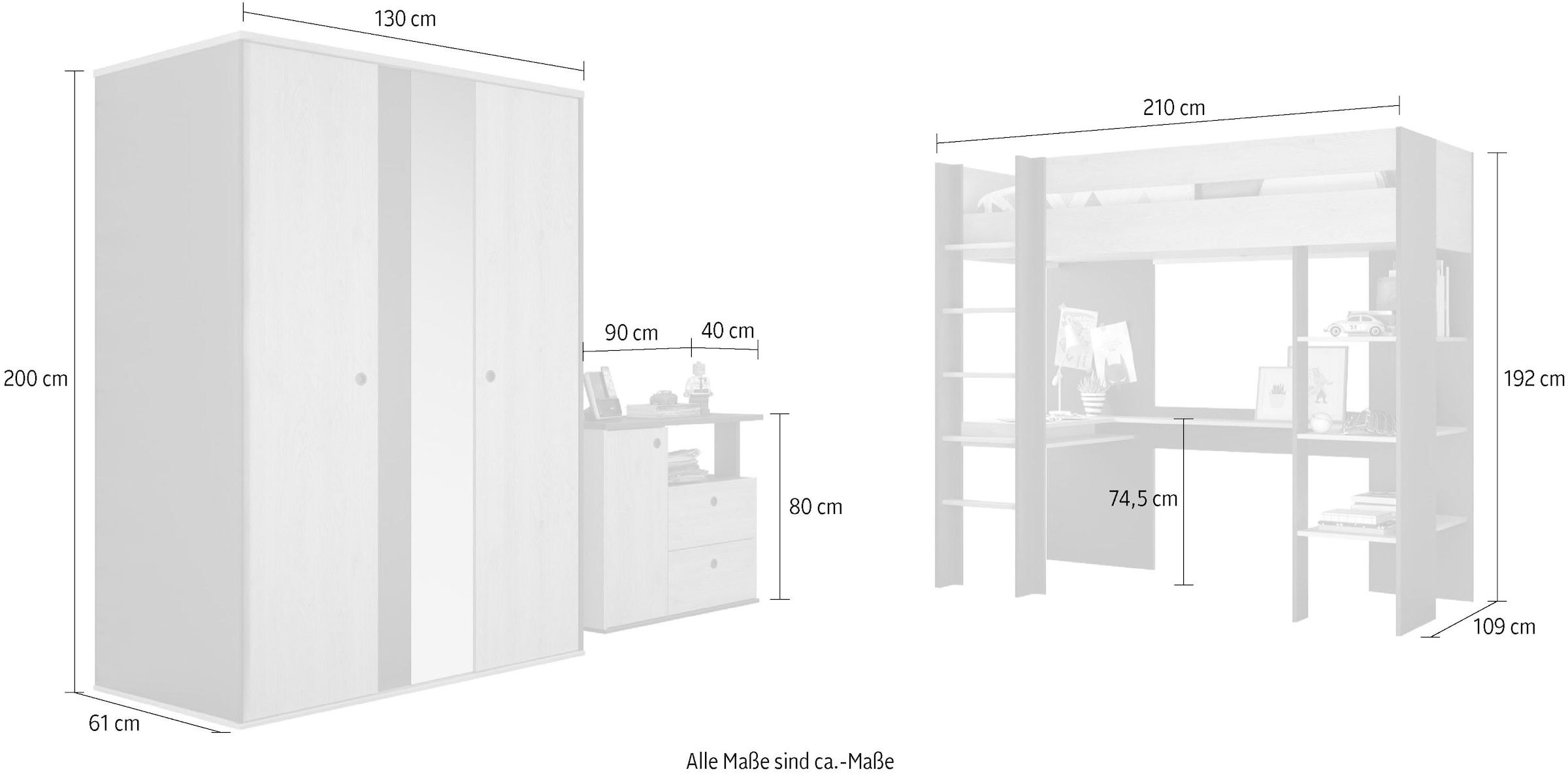 Gami Jugendzimmer-Set »Duplex«, (3 tlg., Kleiderschrank, Kommode, Hochbett)