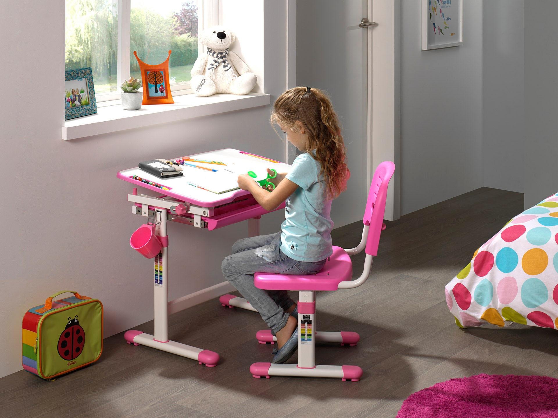 Vipack Kinderschreibtisch »Comfortline, mit Höhenverstellung inkl. Taschen- u. Becherhalter«, (Set, B/H/T ca. 70x54-76x47,4cm, verschiedene Farben, mit Griffelschublade), inkl. Stuhl und verstellbarer Schreibplatte, praktische Funktionen