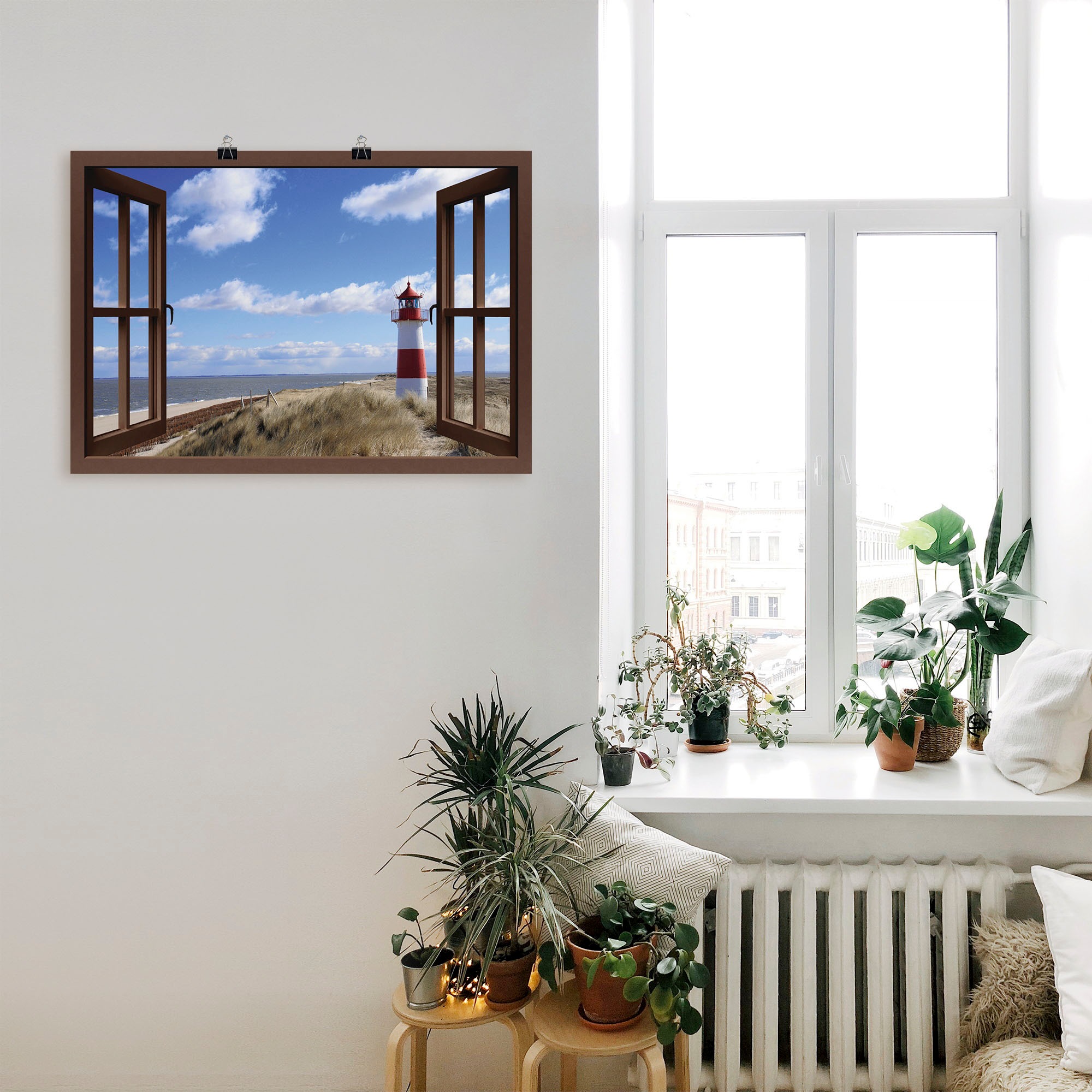Artland Wandbild »Fensterblick - Leuchtturm Sylt«, Fensterblick, (1 St.), als Leinwandbild, Poster in verschied. Grössen