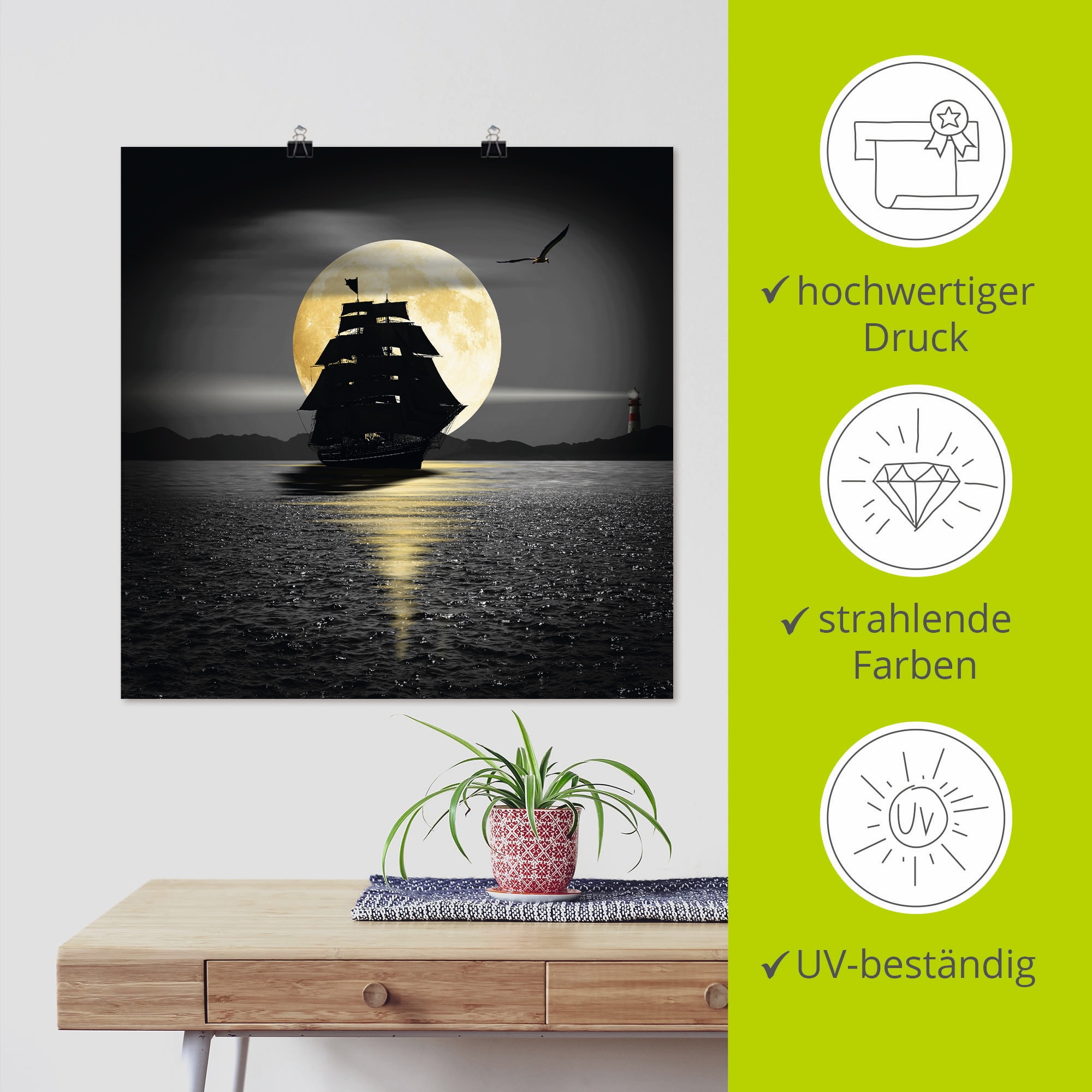Artland Wandbild »Ein Schiff mit schwarzen Segeln«, Boote & Schiffe, (1 St.), als Leinwandbild, Poster, Wandaufkleber in verschied. Grössen