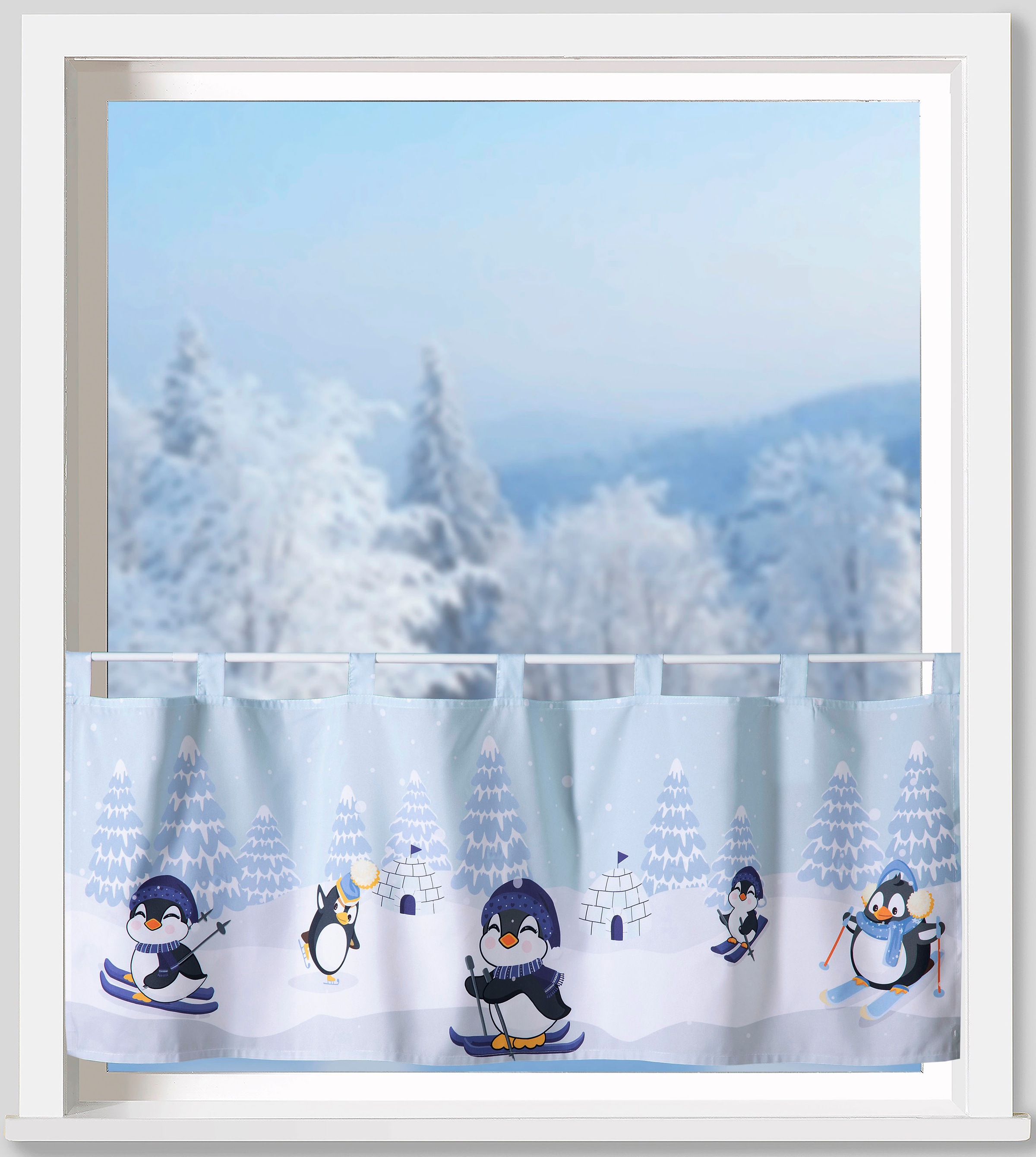 Weckbrodt Scheibengardine »Comic-Pinguine«, (1 St.), Microsatin, blickdicht, bedruckt, HxB 45x120cm, Gardine, Store