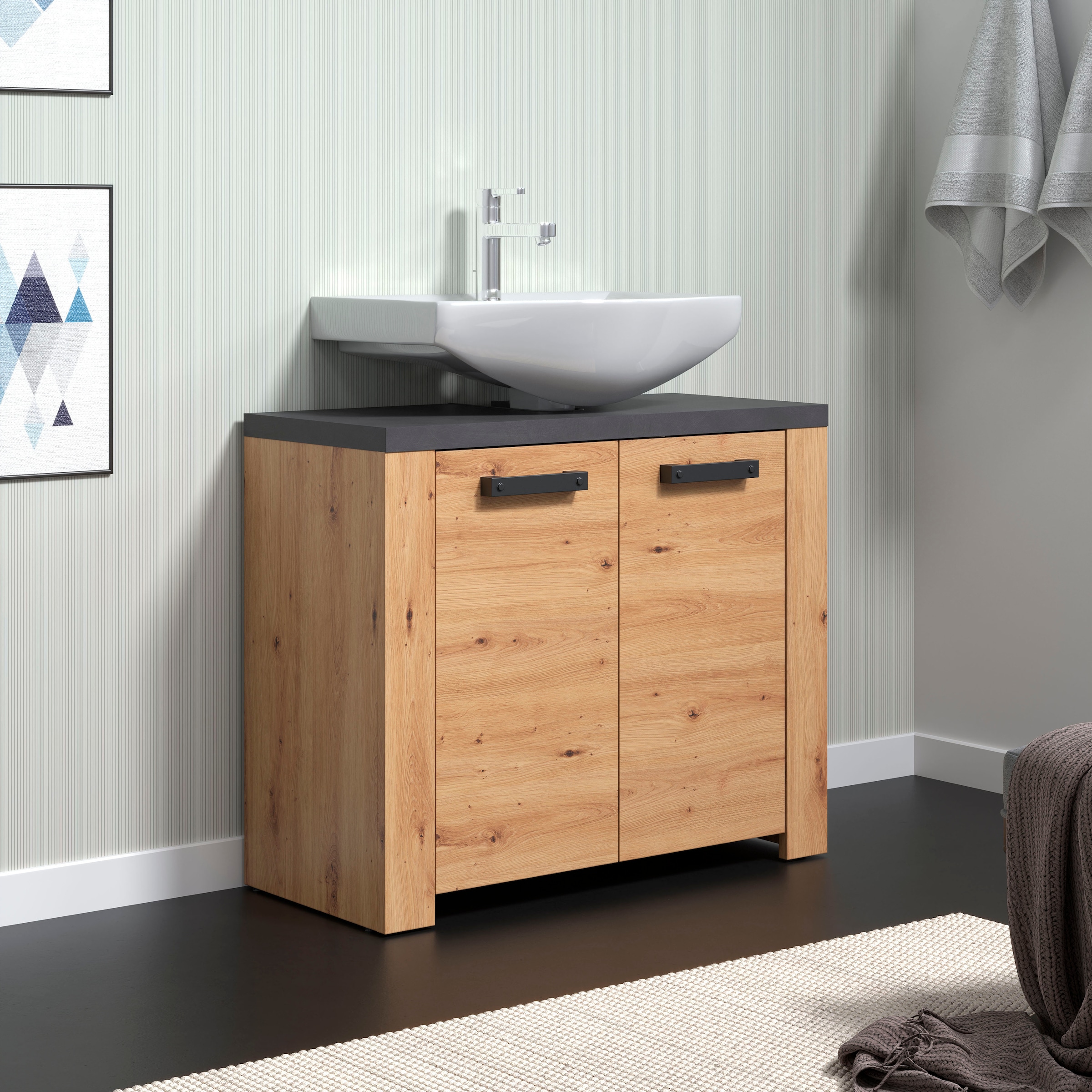 Home affaire Waschbeckenunterschrank »Ambres«, Waschtisch in matter Echtholzoptik - Masse (B/T/H) 79/35/67 cm