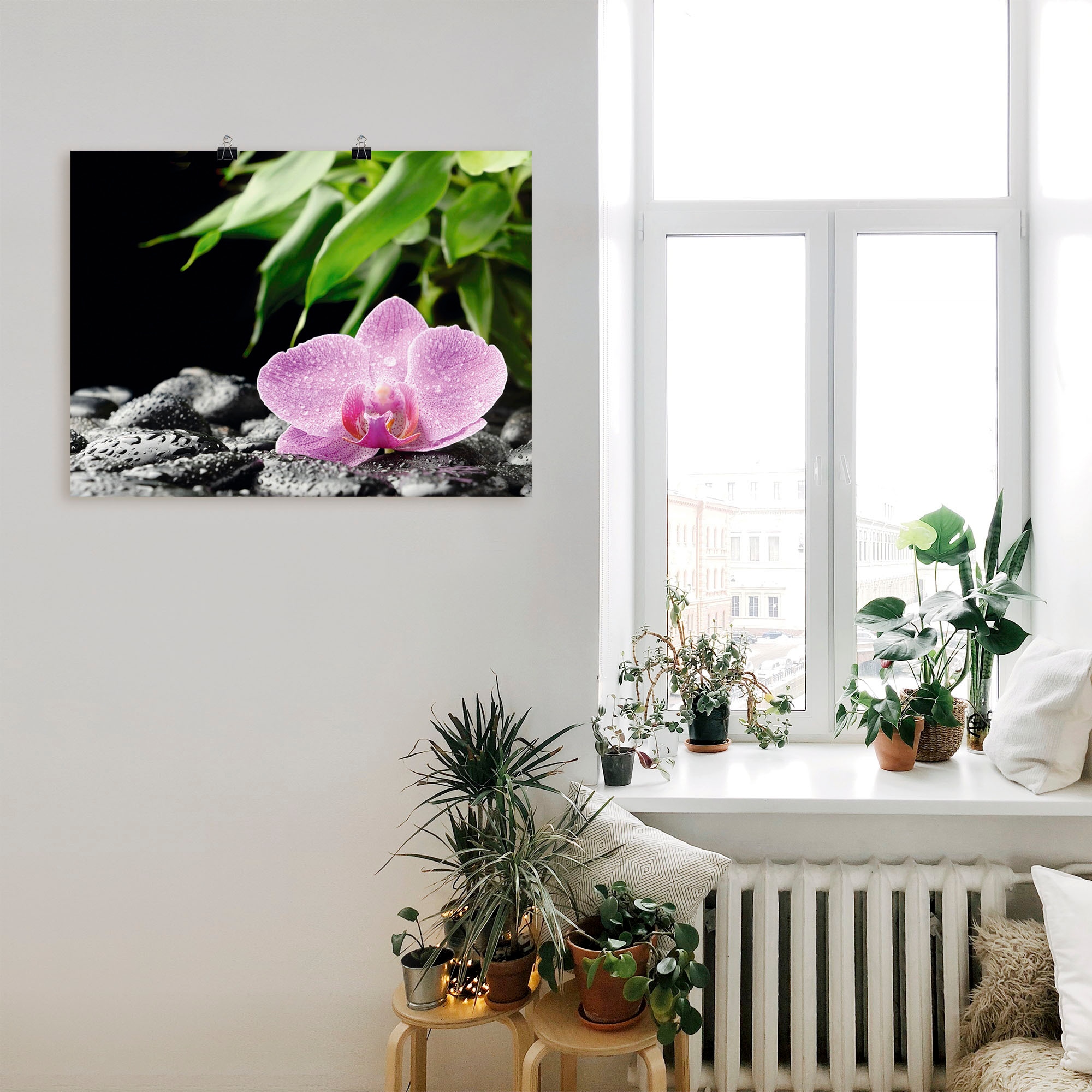 Artland Wandbild »Rosa Orchidee auf schwarzen Zen Steinen«, Blumen, (1 St.), als Leinwandbild, Poster in verschied. Grössen