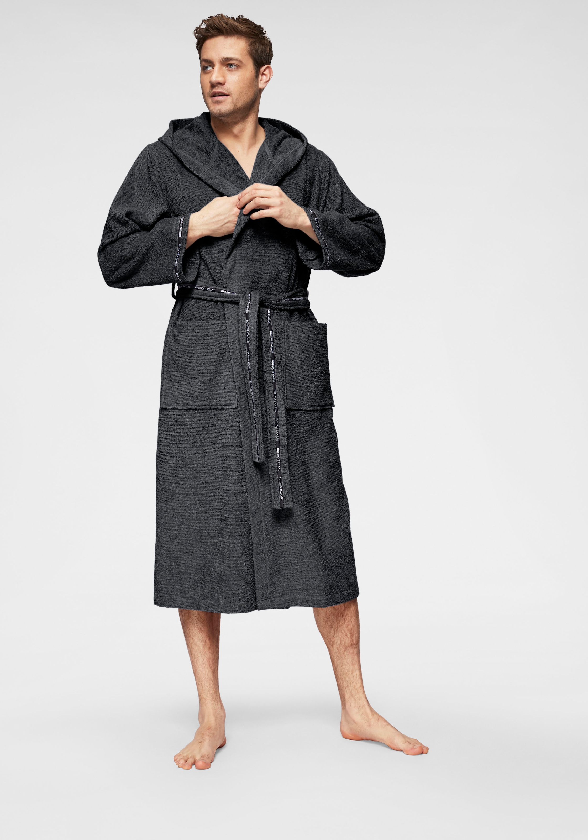Bruno Banani Herrenbademantel "Danny, Normallänge & Überlänge, auch in extra lang, Hotelbademantel" 1 Stk. mit Logostreifen, Herren Bademantel aus 100% Baumwolle, S-4XL