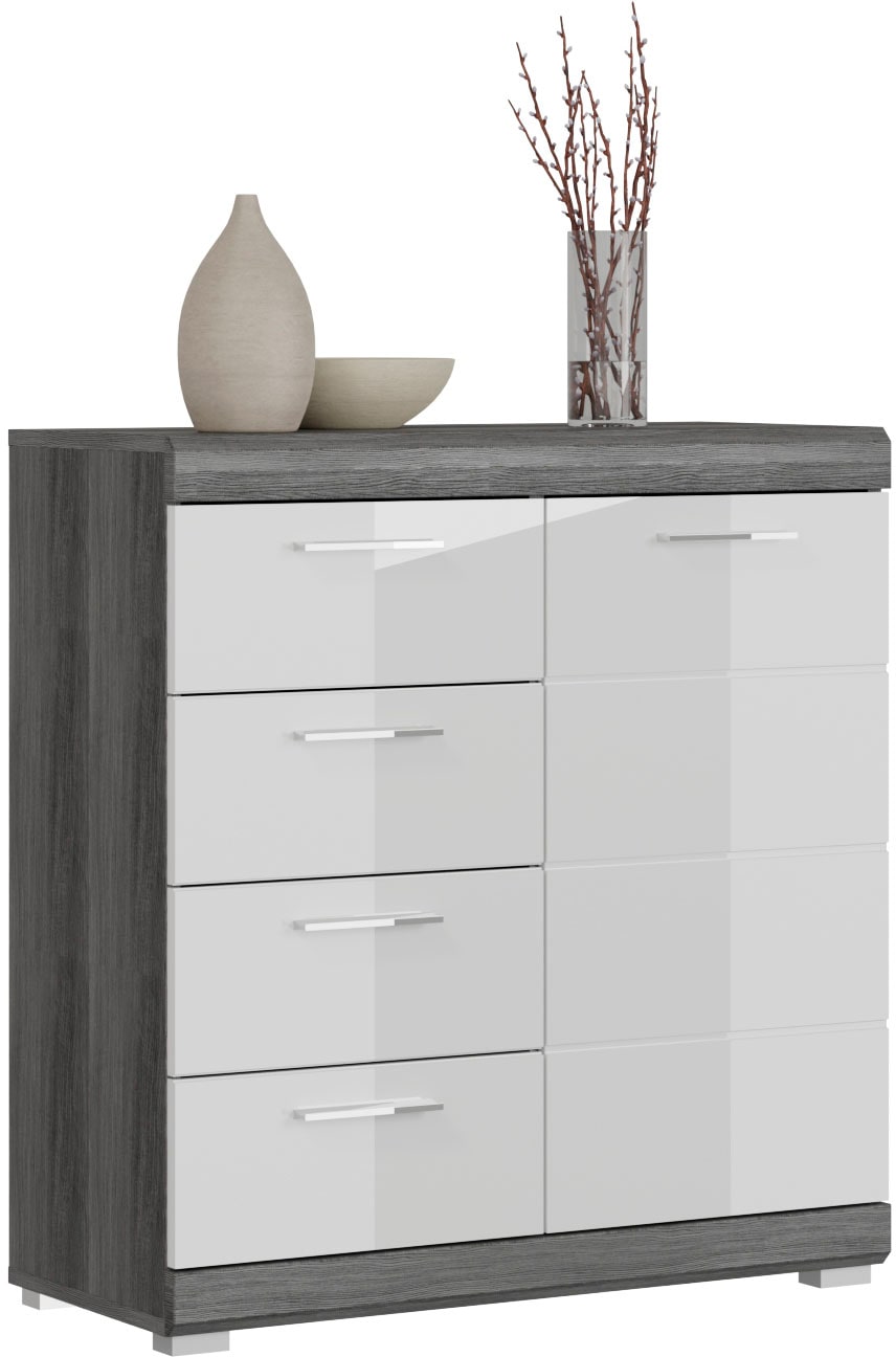 INOSIGN Kommode »SIENA, Breite 80 cm, 1 Tür, 2 Einlegeböden, 3 Fächer, 4 Schubkästen« hochwertige Rillenfräsung in MDF Front, Schuhkommode, Schuhschrank, Anrichte, Sideboard
