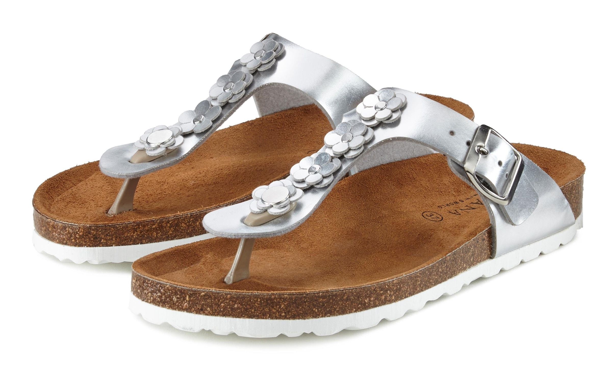 LASCANA Zehentrenner »Sandale, Pantolette, offener Schuh, Sommerschuh,«, mit modischer Applikation und Komfortkorkfussbett aus Leder