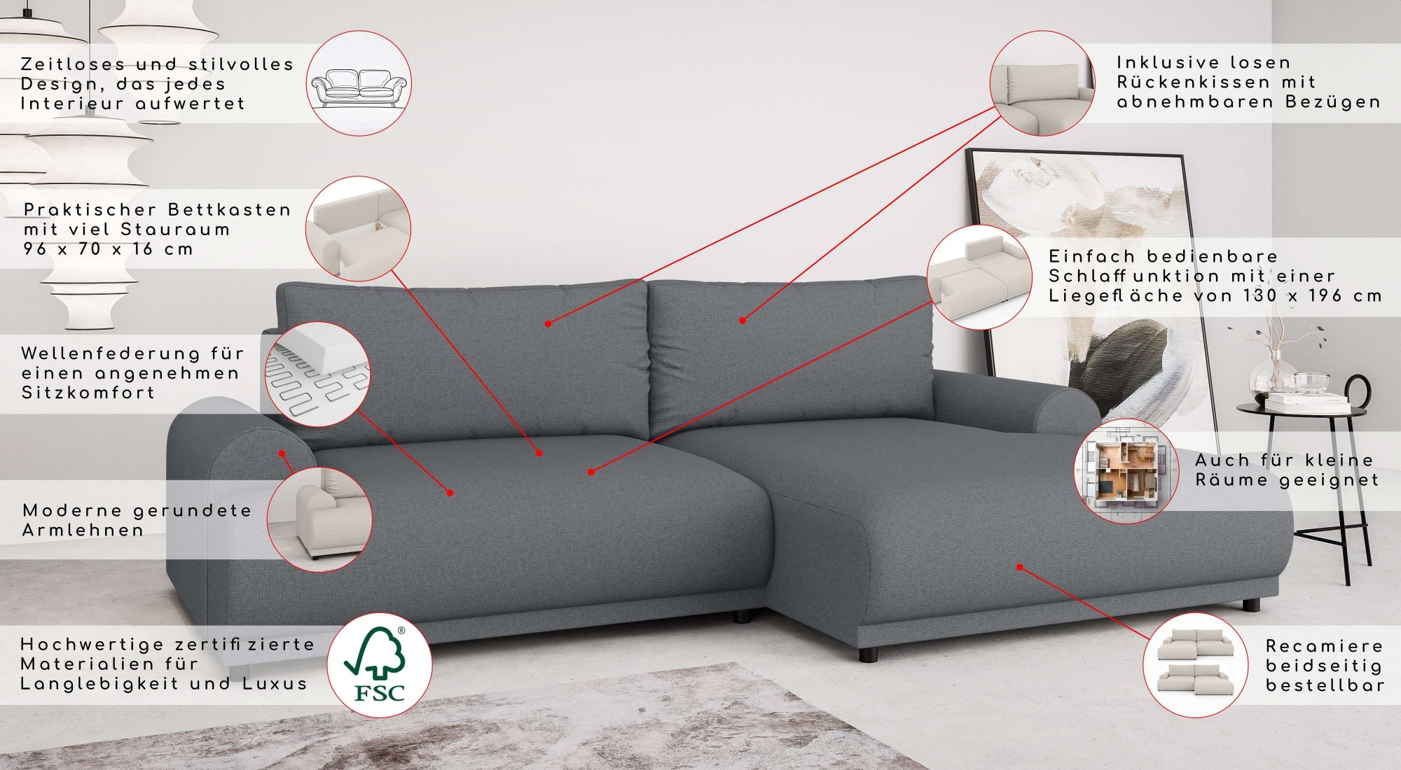 INOSIGN Ecksofa »Marsby, mit Bettfunktion und Bettkasten, Masse: B/H/T 242/65/145 cm«, L-Form mit Wellenunterfederung, Recamiere links oder rechts bestellbar