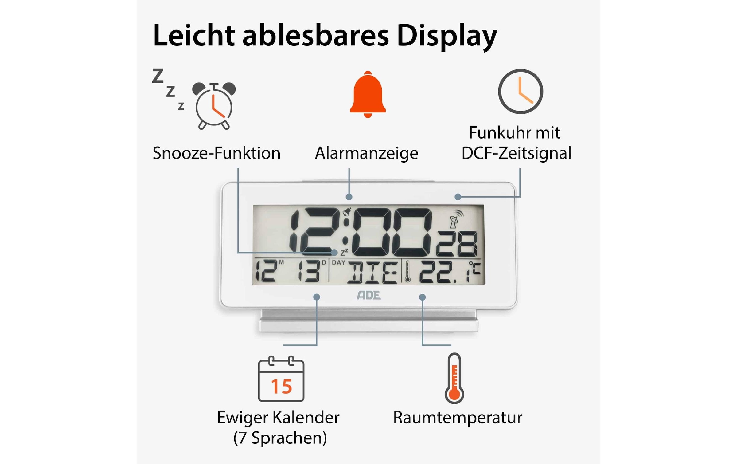 ADE Funkwecker »mit Temperatur und Datumsanzeige, Weiss«