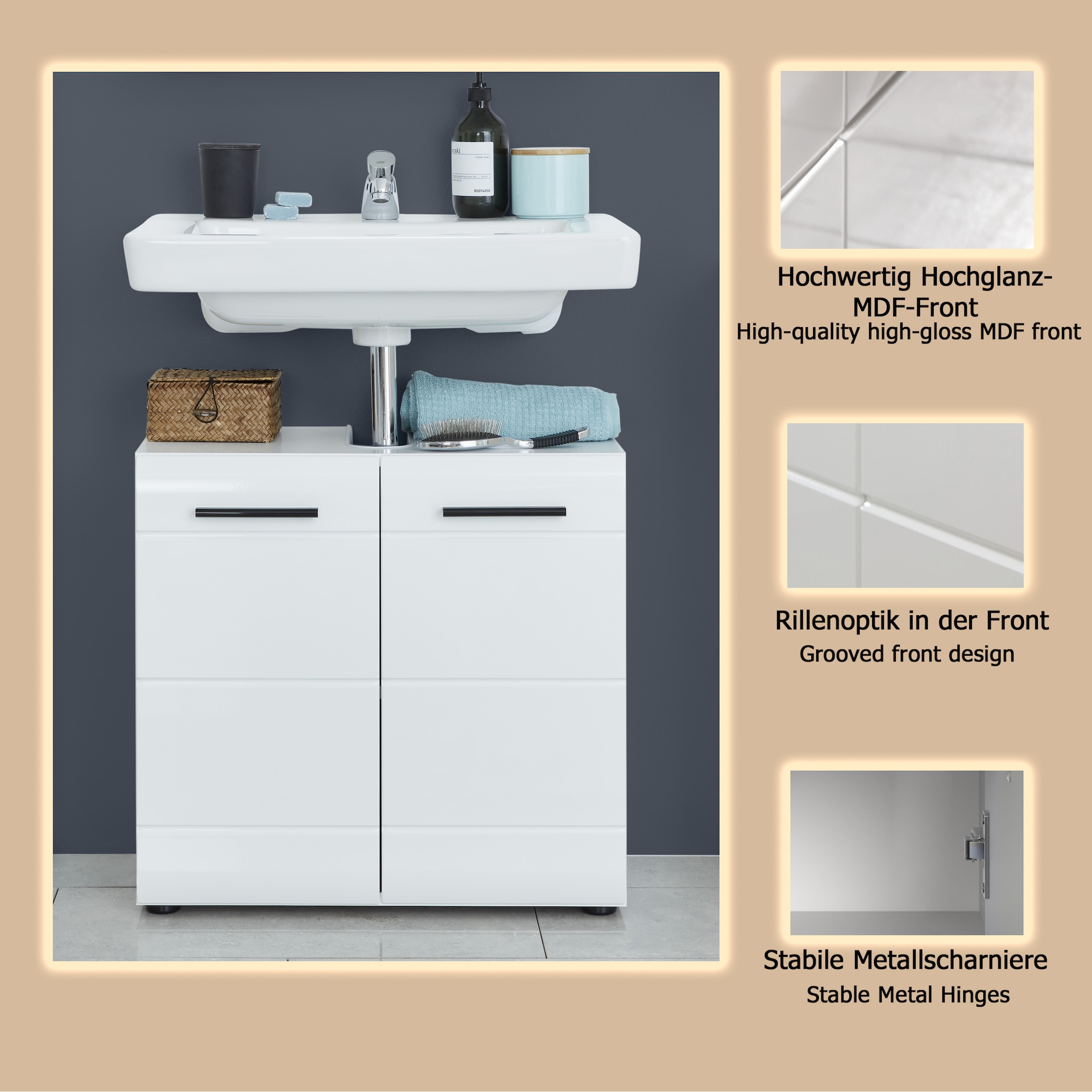 welltime Waschbeckenunterschrank »Sovana«, Waschtisch mit verstellbarem Fach - Masse (B/T/H) 60/31/56 cm