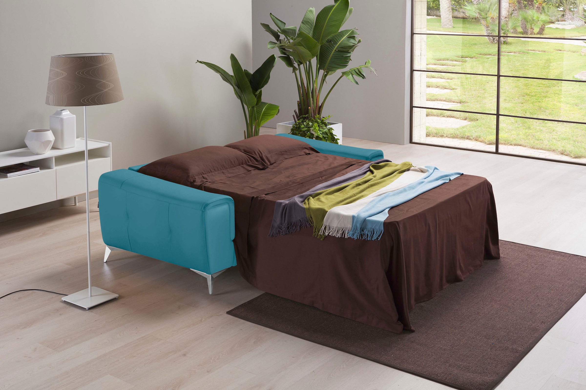 Egoitaliano Schlafsofa »Francine Designsofa, Loungesofa mit Dauerschlaffunktion, Breite 233 cm«, mit Bettfunktion, Leder BULL, türkis, Fussfarbe chrom