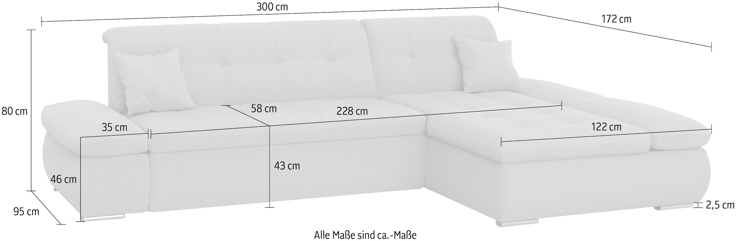 DOMO collection Ecksofa »Moric Luxus - B/T/H 300/172/80 cm, XXL-Format«, L-Form, 140kg Belastung/Sitz, Cord, creme