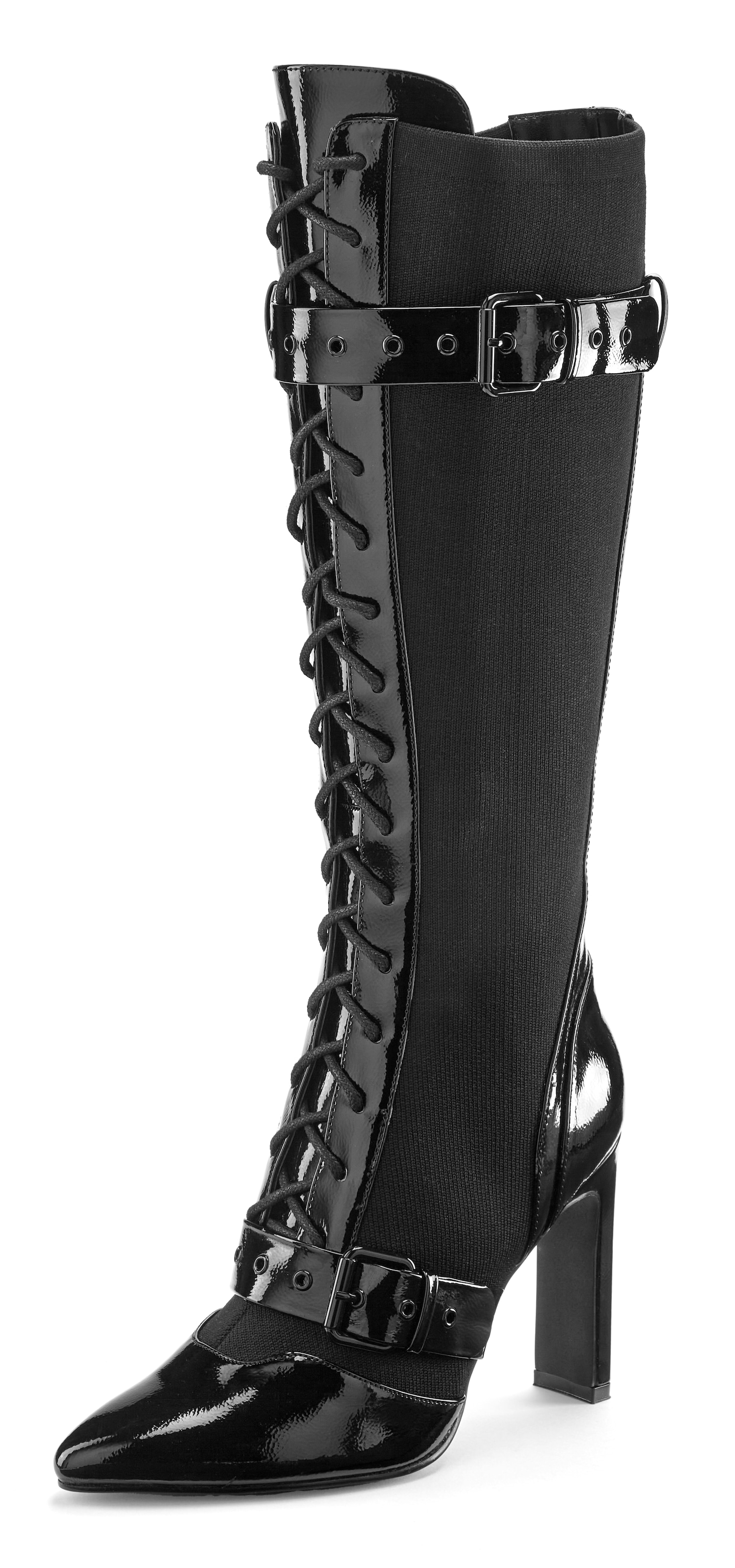 LASCANA Belle Affaire High-Heel-Stiefel, Schnürstiefel mit erotischer Lack-Optik, High-Heel-Stiefelette