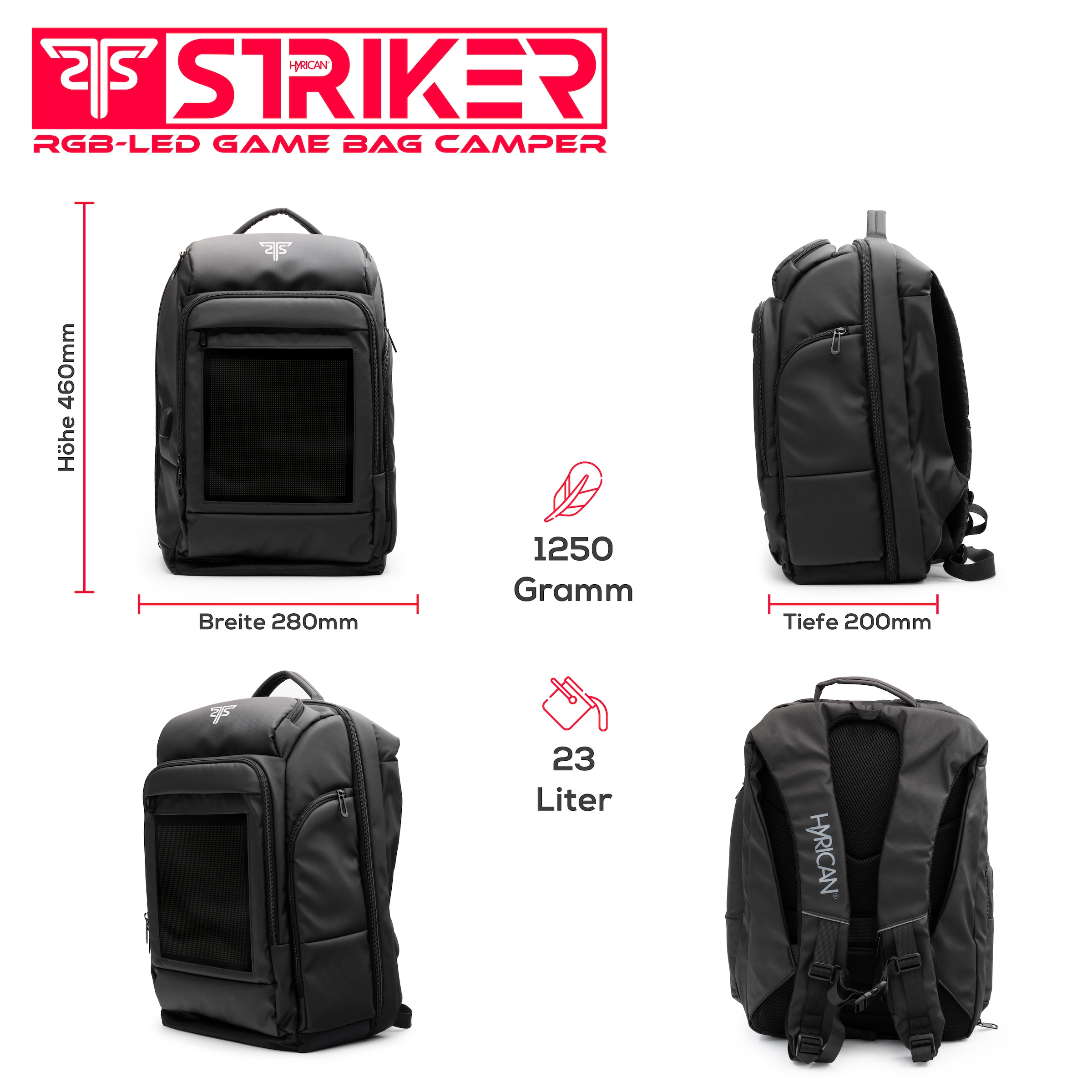 Hyrican Gaming- Laptoprucksack »Striker Game Bag CAMPER NOZ01496«  App gesteuertes RBG-LED Display, gepolstert, wasserabweisend, mit Thermofach, Für Notebooks bis 17,3 Zoll und Tablets bis 12 Zoll, Geheimfach, USB-Handy-Ladefunktion