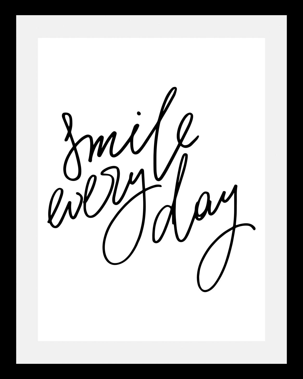queence Bild "Smile" Motivationsbilder Schriftzug Schwarz-Weiss Sprüche & Texte HD Premium Poster-Druck inkl. Holzrahmen
