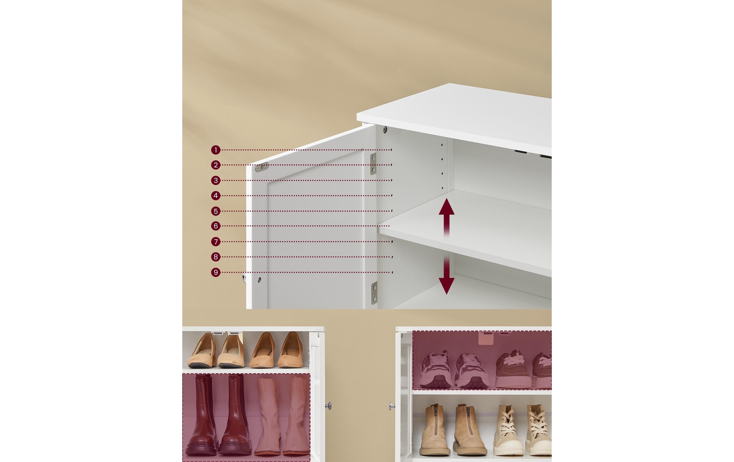 VASAGLE Schuhschrank »Landhausstil 120 x 70 cm«, Verfügt ein offenes Fach und einen Schrank mit insgesamt 4 Ablagen