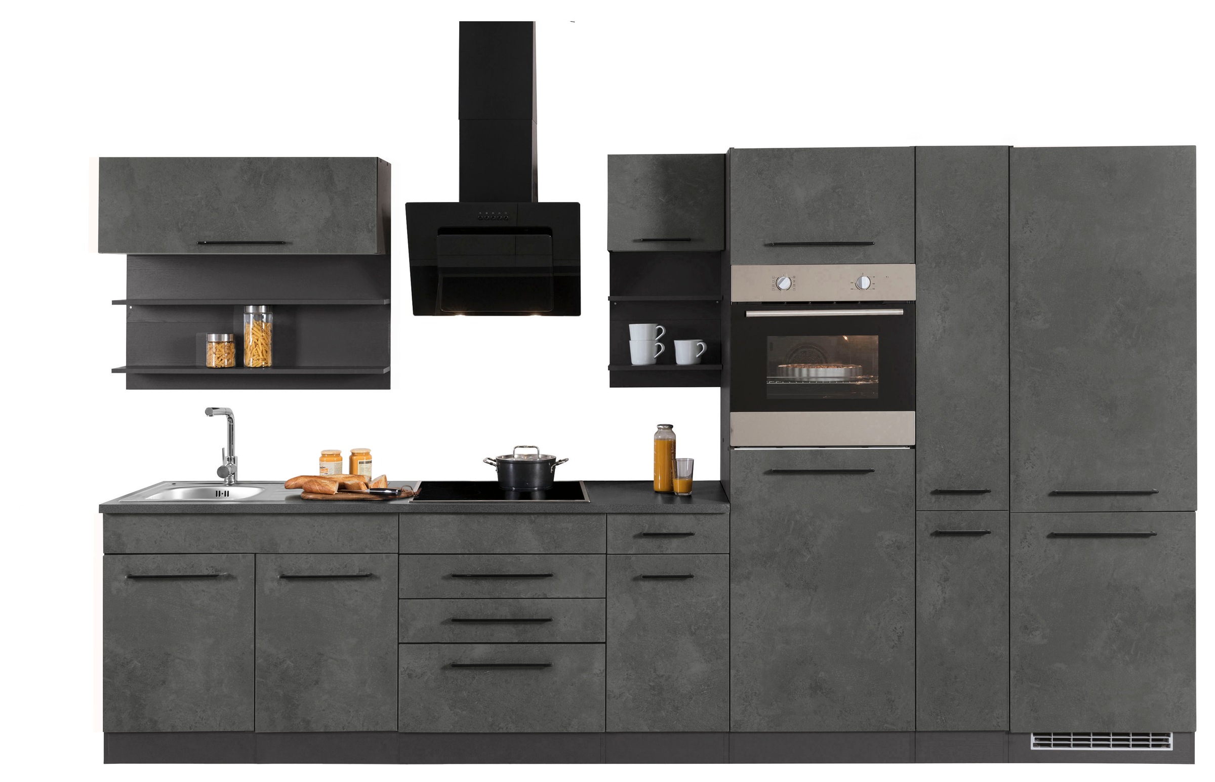 KOCHSTATION Küchenzeile "KS-Tulsa" ohne E-Geräte, Breite 360 cm, schwarze Metallgriffe, MDF Fronten