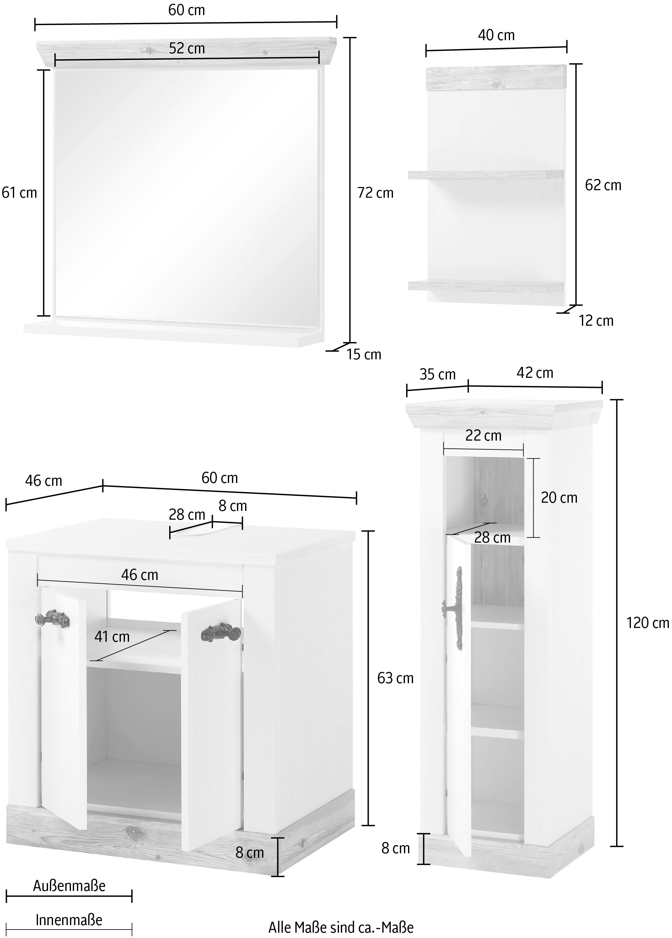 Home affaire Badmöbel-Set »Florenz, Bad im Landhausstil, 4-teiliges Badezimmer«, (4 St.), Unterschrank, Schrank, Wandregal und Spiegel, in Pinie Weiss, Stauraum