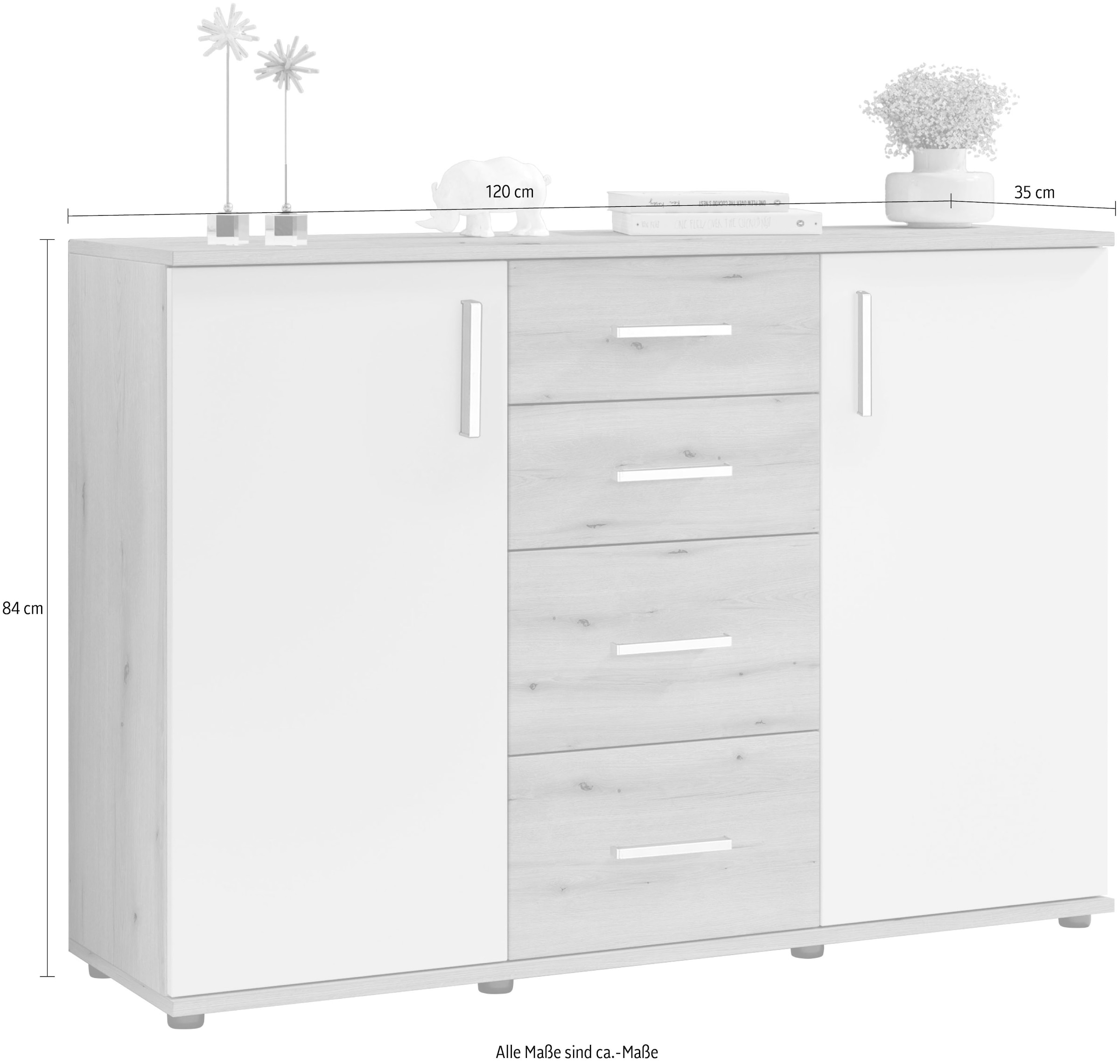HBZ Kommode »BC-Drift-2, Sideboard Stellmass 120x84x35 cm«, (1 St.), Sideboard mit 2 Türen, 4 Schubkästen, 2 Einlegeböden